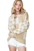 Flaxen Plaid Knitted Drop Shoulder Sweater Light French Beige 100%Acrylic 6488358ab5b71988