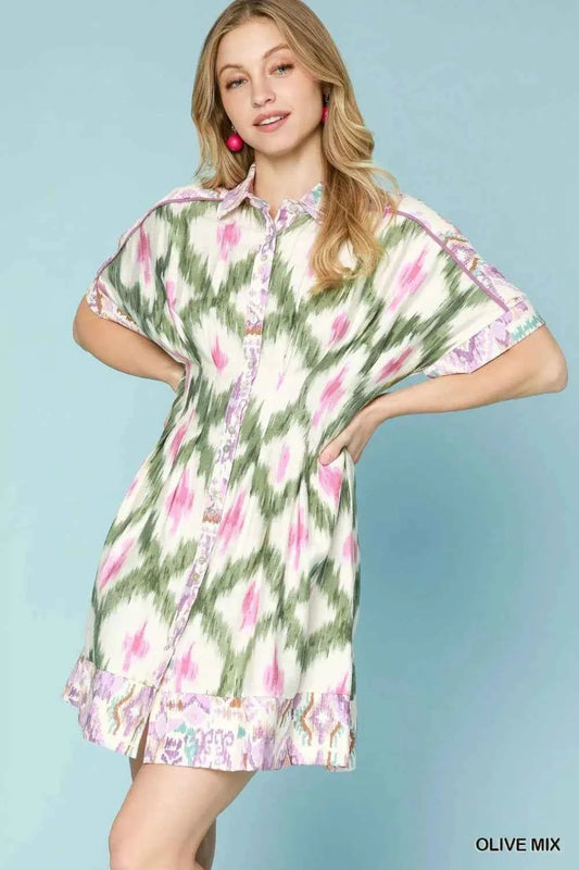 Ethnic Print Short Sleeve Mini Shirt Dress OLIVE MIX 648bf89e-5453-47bb-bcb0-561949babc39-Max-Origin