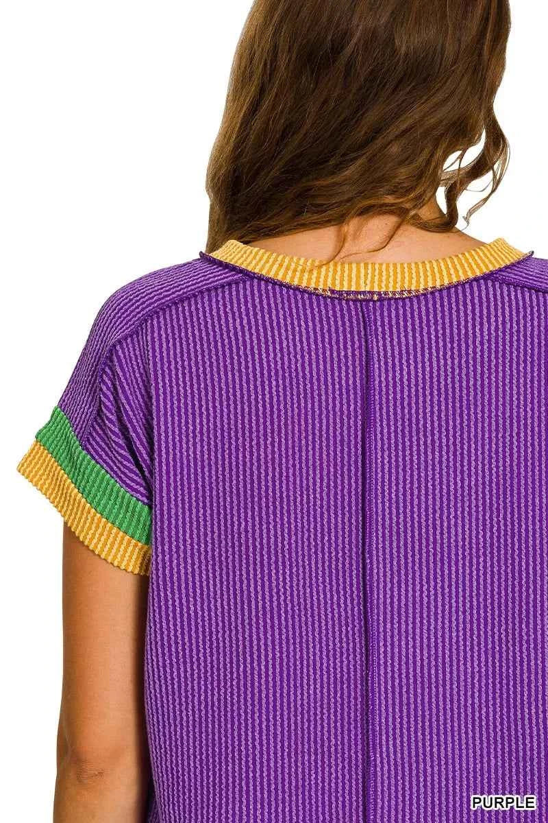 Zenana Mardi Gras Raised Rib Contrast Trim Top 648c54b3b89848bd8f87595a2e5121c5-Max-Origin