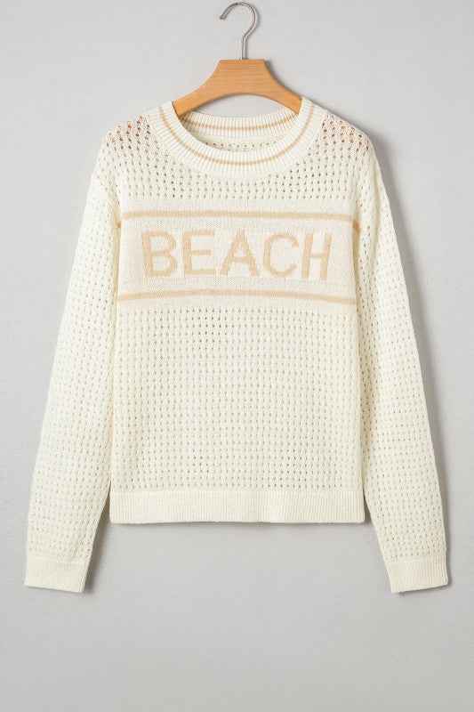 BEACH Hollow Out Knit Dolman Sleeve Sweater White 648ee892-74ef-4f48-9ded-9d860bb11da4