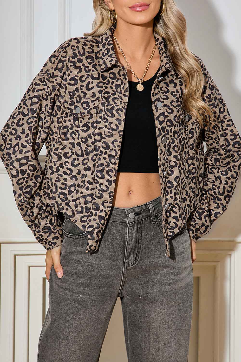 Dark Khaki Leopard Print Raw Hem Cropped Jacket Dark Khaki 100%Polyester 649254b6c494e3c1