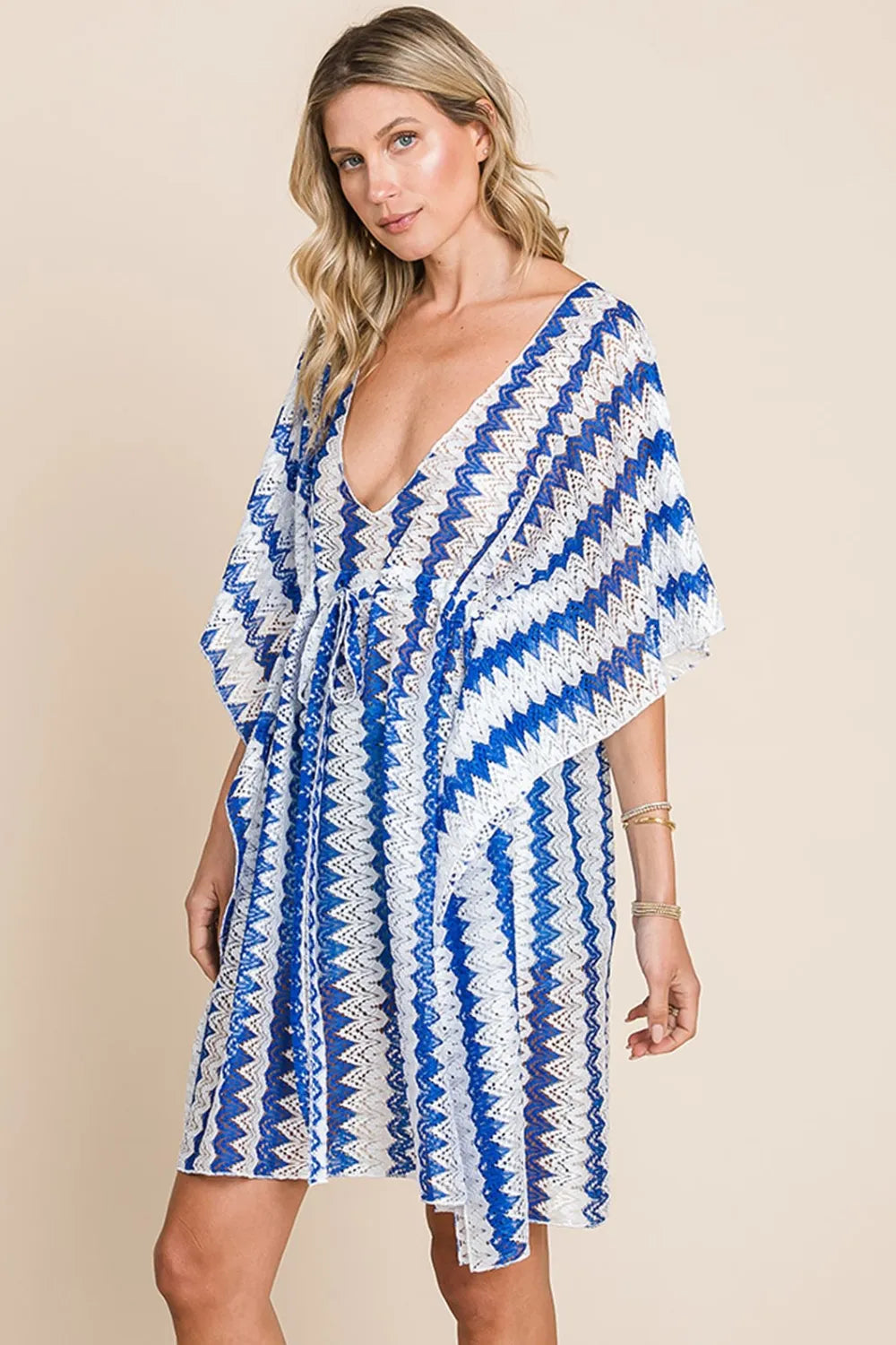 Cotton Bleu by Nu Lab Tied Striped Plunge Half Sleeve Cover-Up 6494f37c-acf2-46d7-8661-c9aa7337fc5e-Max
