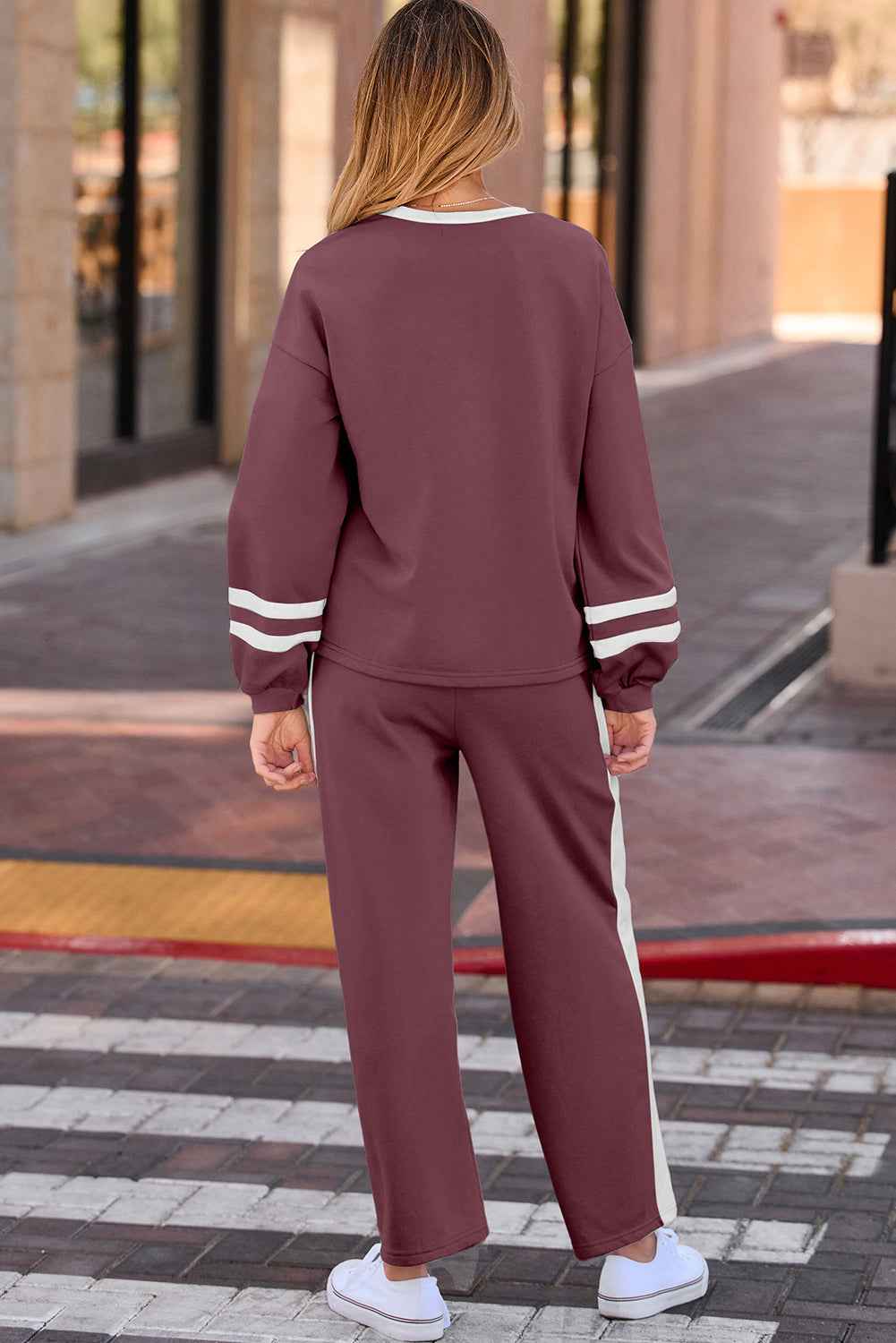 Mineral Red Varsity Stripe Patchwork Puff Sleeve Pullover Drawstring Wide Leg Pant Set 649da8aecc95fd2f