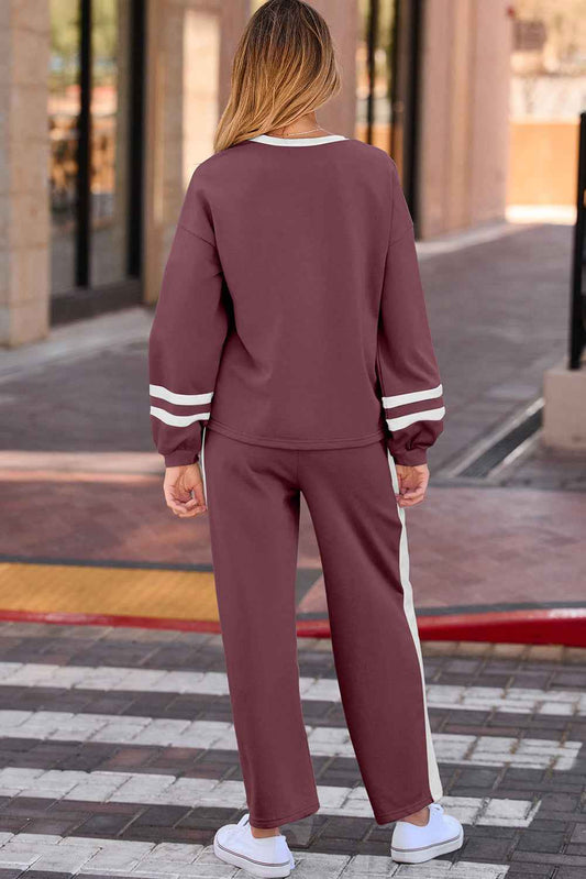 Mineral Red Varsity Stripe Patchwork Puff Sleeve Pullover Drawstring Wide Leg Pant Set 649da8aecc95fd2f