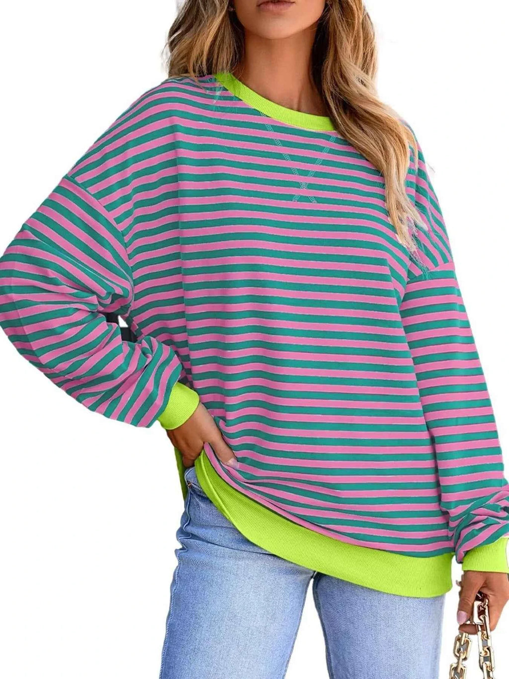 Striped Round Neck Dropped Shoulder Sweatshirt 64a08154633f4db4b6dd616d5b00f51d-Max-Origin