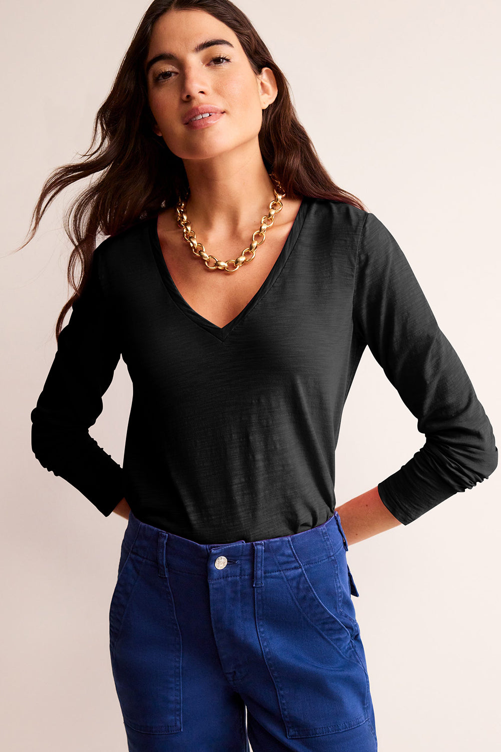 White Plain V Neck Long Sleeve Top 64a2705277f2a833