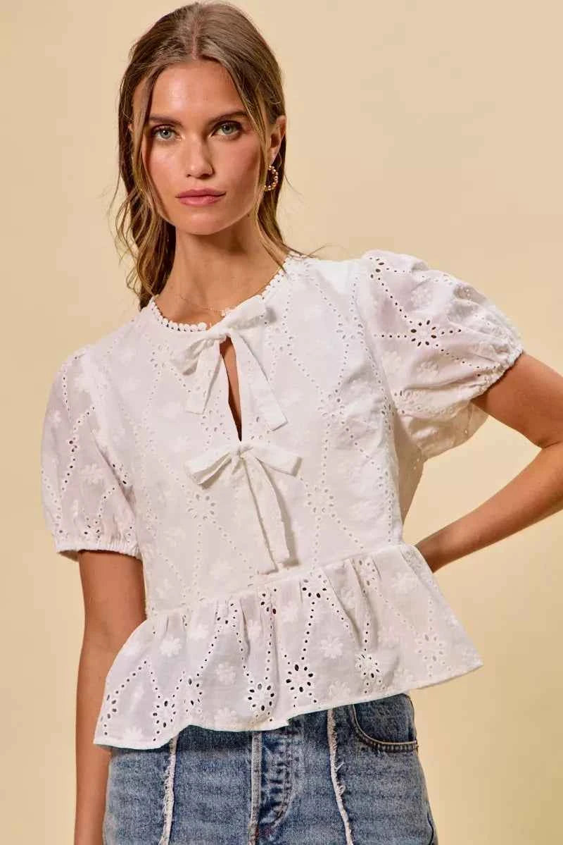 SO ME Cotton Eyelet Front Tie Short Sleeves Blouse 64a3b7fdfe6241b3a72b8f101f210450-Max-Origin