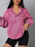 Zip Collar Long Sleeve Denim Top Hot Pink 64a61990-eb3b-4acb-ab0f-86d139b1f211-Max-Origin