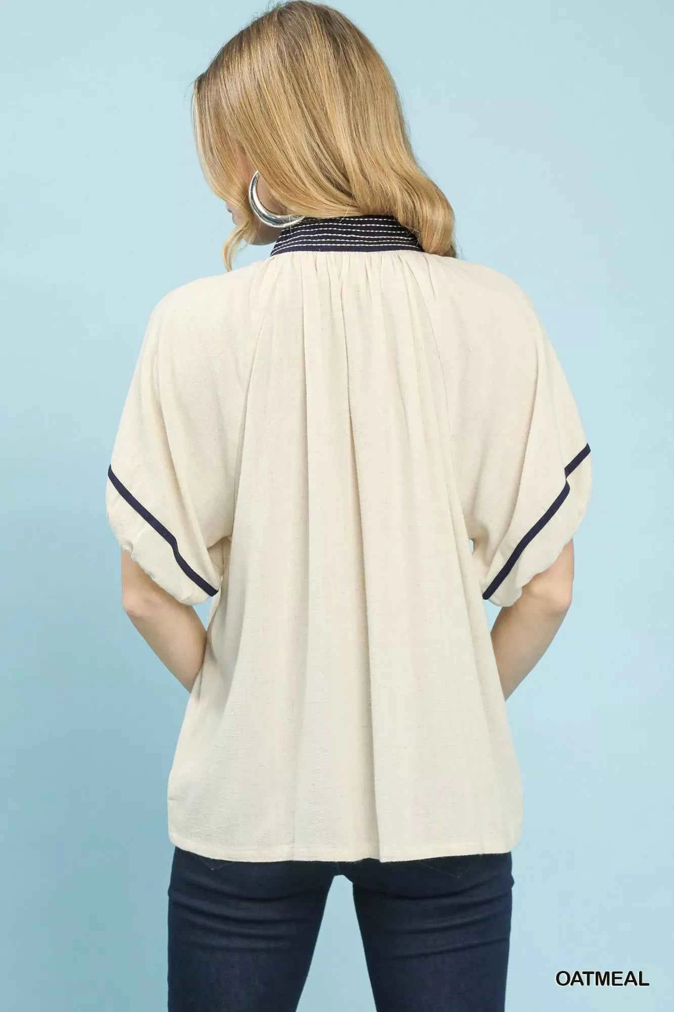 Umgee Linen Puff Sleeve Contrast Trim Top 64a7f7e8-cbf4-4758-8de7-b2ff11b2f1c3-Max-Origin
