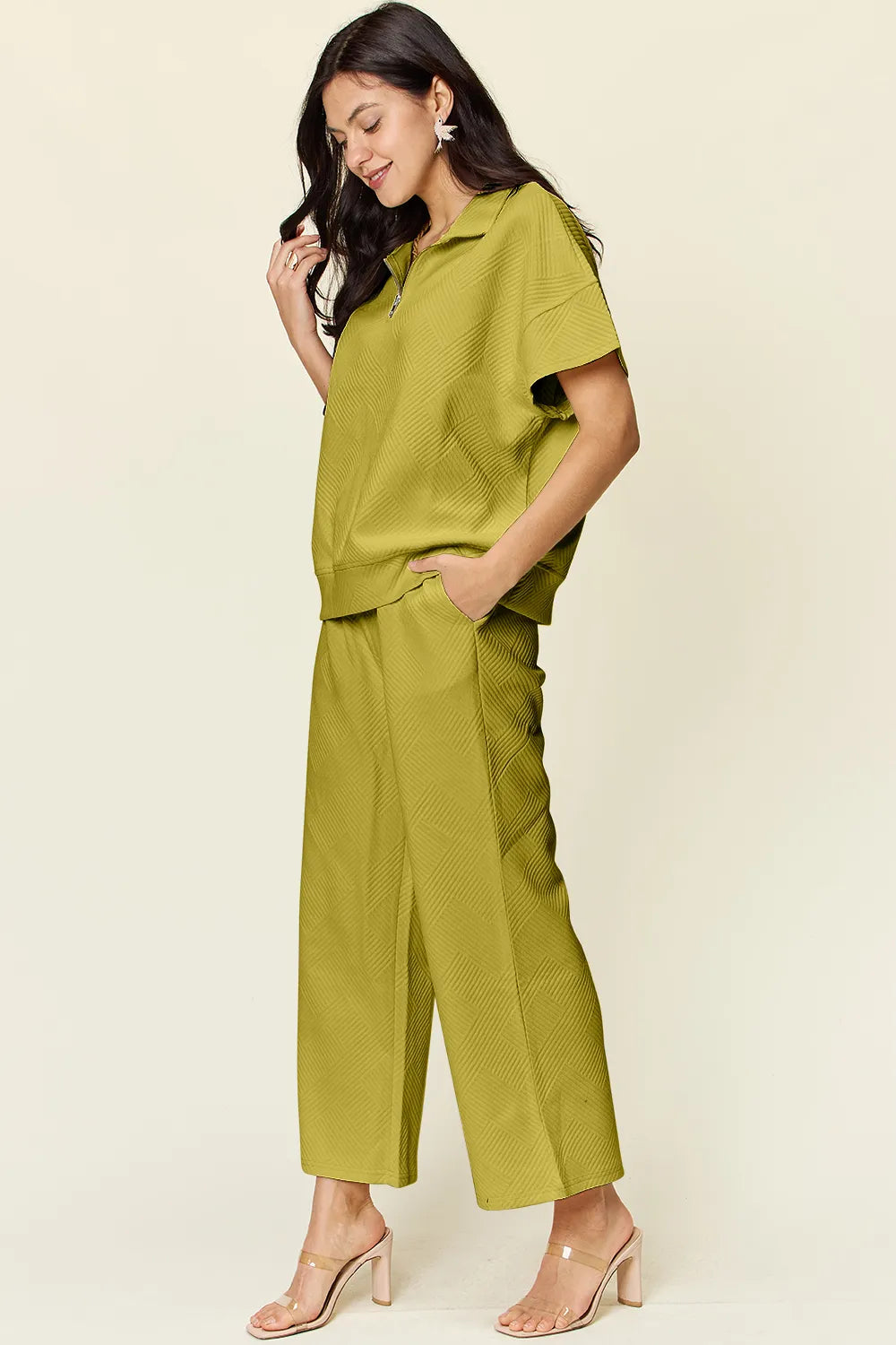 Double Take Full Size Texture Half Zip Short Sleeve Top and Pants Set 64a992c0-d4e2-454b-a07b-96401373da24-Max