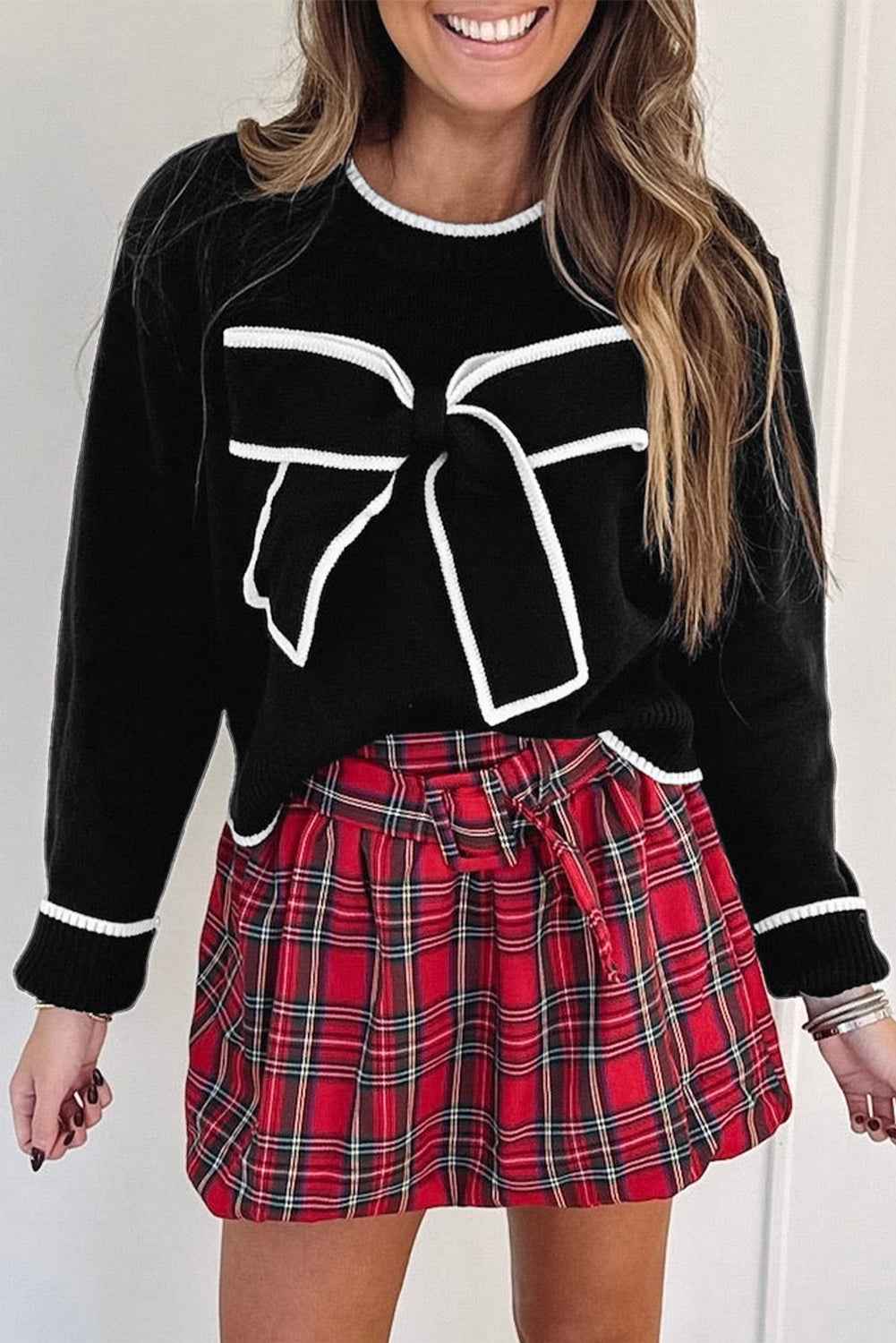 Black Contrast Trim Big Bow Accent Cropped Sweater Black 52%Viscose+26%Polyester+22%Polyamide 64abf5bebf63fb20