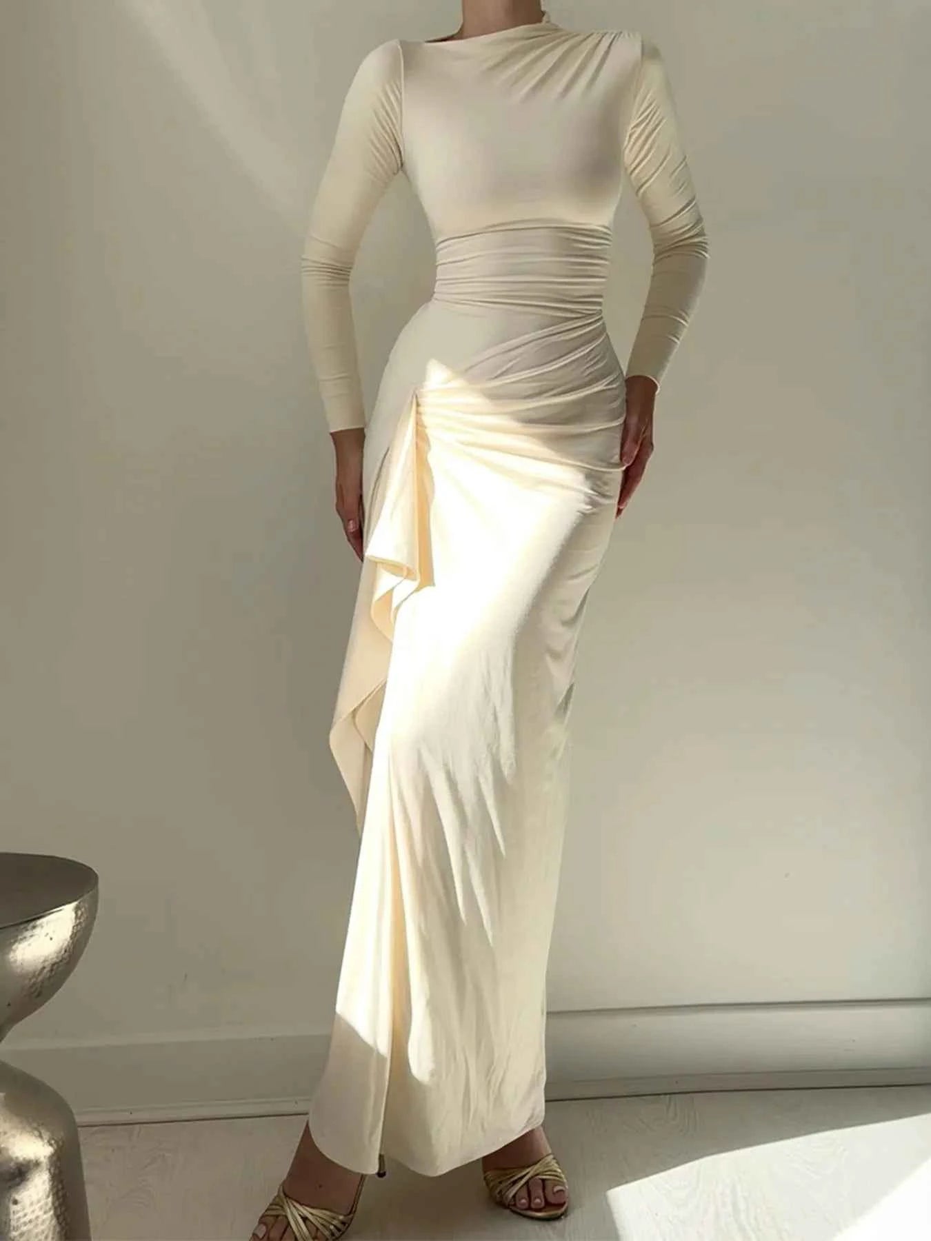 Ruched Long Sleeve Maxi Dress Apricot 64b36096a5b949a1bd9fc0833c06253d-Max-Origin