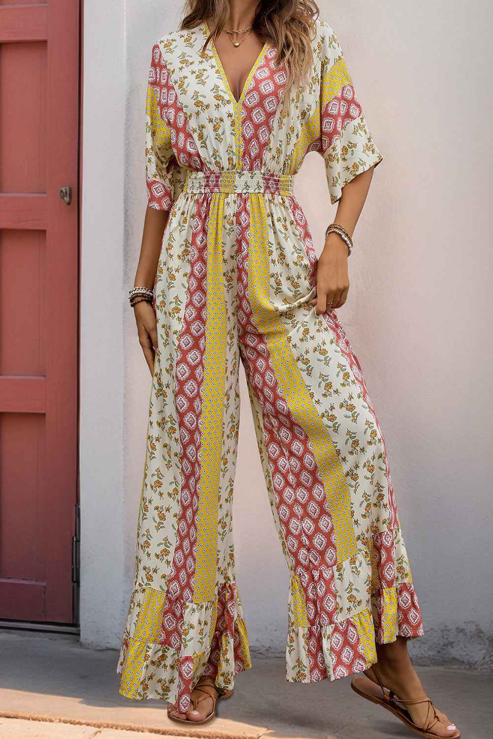 Yellow Boho V Neck Half Sleeve Patchwork Maxi Dress 64b56c82c9057ac1