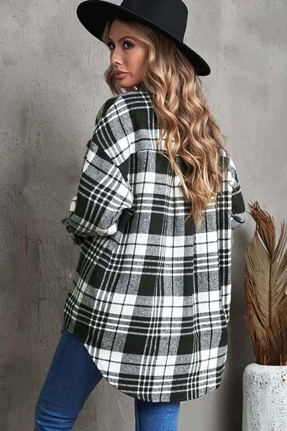 Plaid Collared Neck Button Up Jacket with Pockets 64b691c0cd89486a9803110c9bb56b12-Max