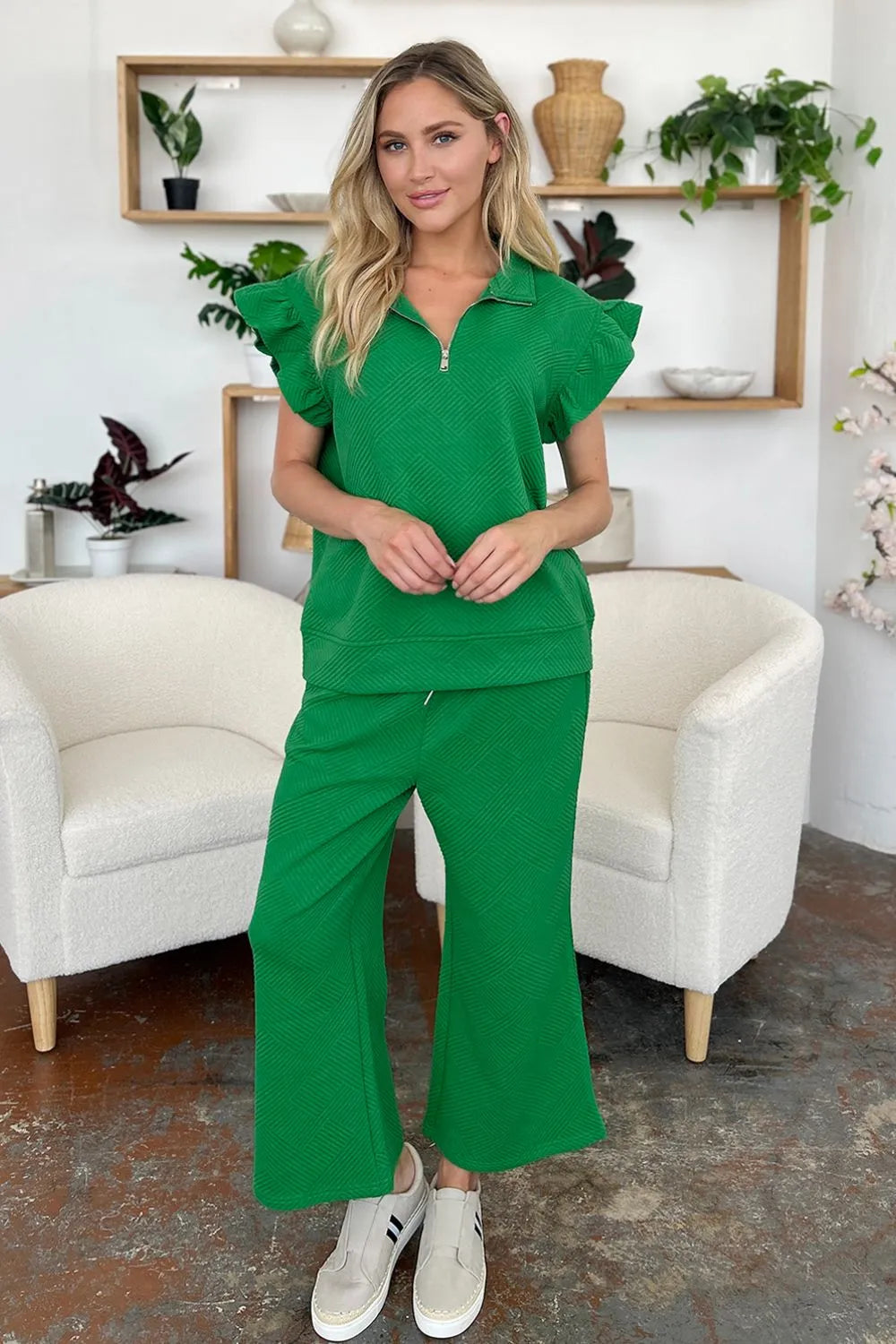 Double Take Texture Ruffle Short Sleeve Top and Drawstring Wide Leg Pants Set 64b84a53-b86f-479e-8e54-7884172d1aa8-Max