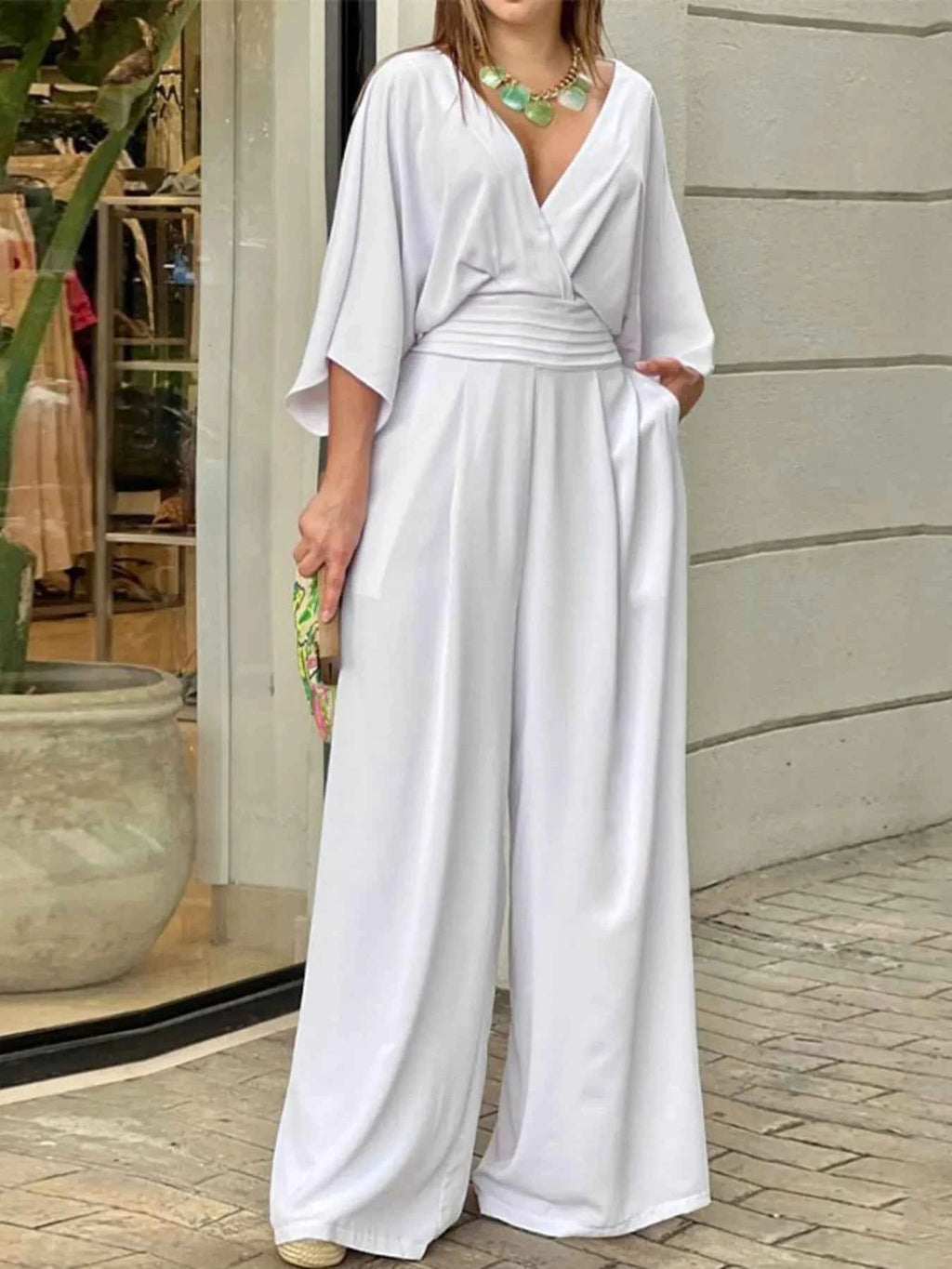 Full Size Wide-Leg Wrap Jumpsuit with Kimono Sleeves Plus Size White 64bb1531c72d4b93b6e3a9de324bdca6-Max-Origin