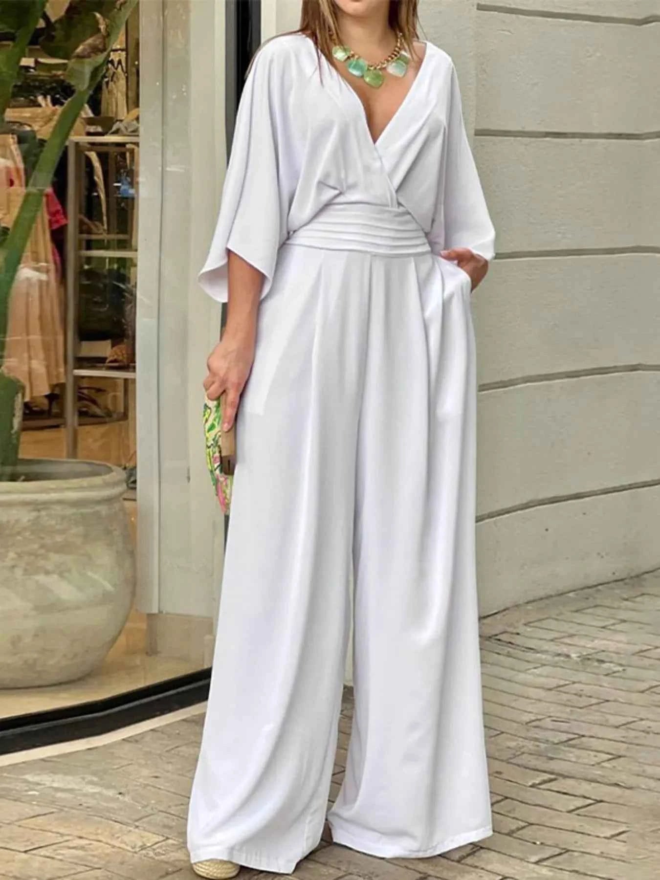Full Size Wide-Leg Wrap Jumpsuit with Kimono Sleeves Plus Size White 64bb1531c72d4b93b6e3a9de324bdca6-Max-Origin