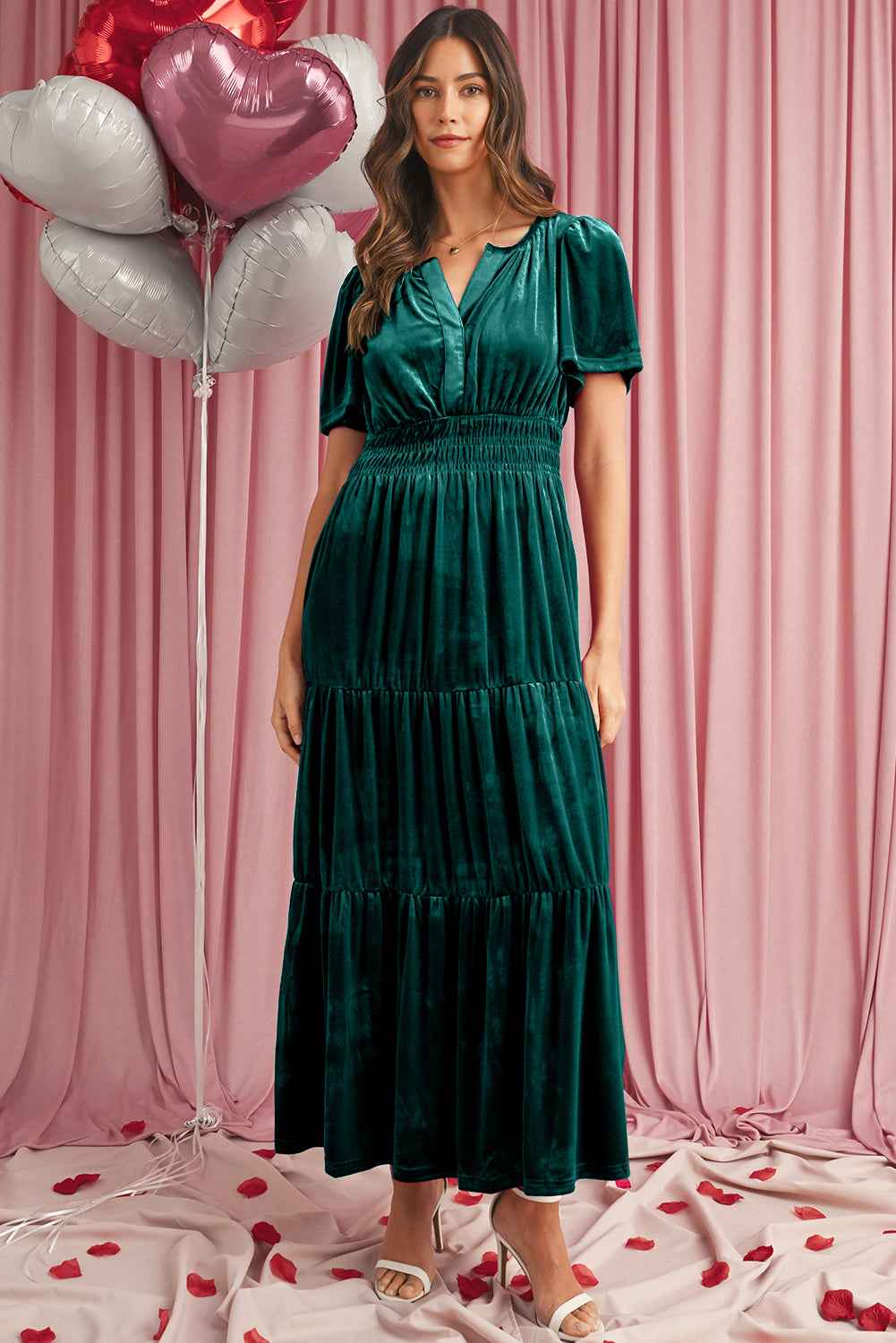 Prussian Blue Velvet Short Sleeve Shirred Waist Tiered Maxi Dress Evergreen 95%Polyester+5%Elastane 64bc7abc41c7155b