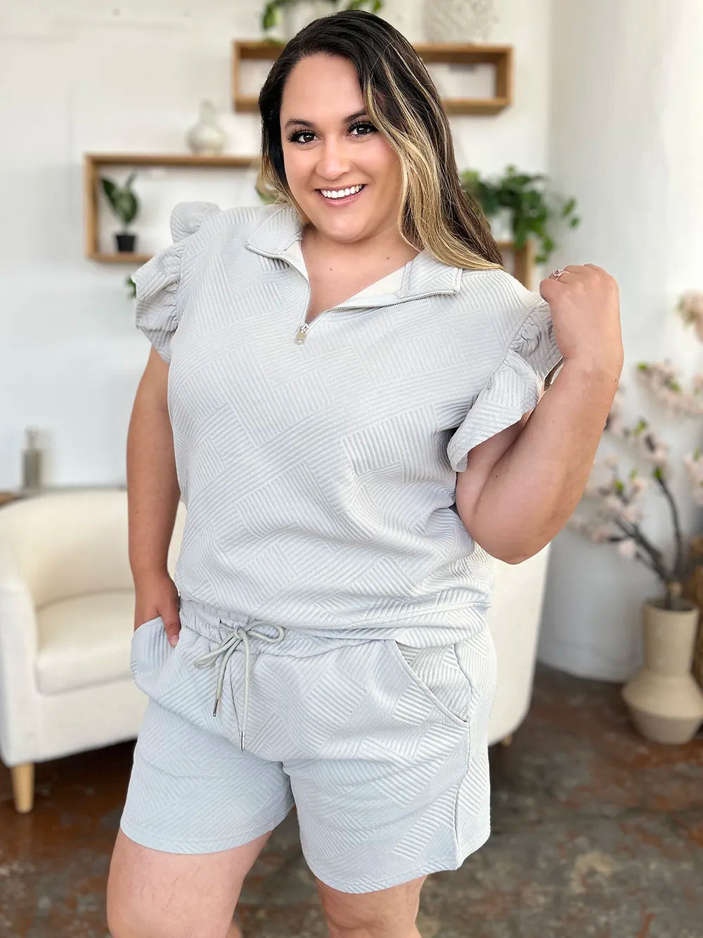 Double Take Full Size Texture Flounce Sleeve Top and Drawstring Shorts Set 64c3bbe1-c9be-476a-8973-62038da001ff-Max