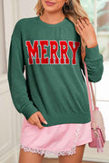 Evergreen Twisted Rib Merry Letter Graphic Loose Long Sleeve Top Evergreen 75%Polyester+20%Viscose+5%Elastane 64c3fa3f52dce28a