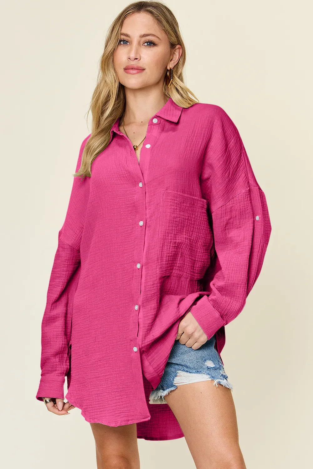 Double Take Full Size Pocketed Texture Button Up Shirt Hot Pink 64c5d0b3-234b-4e9f-a786-e037ff51604b-Max