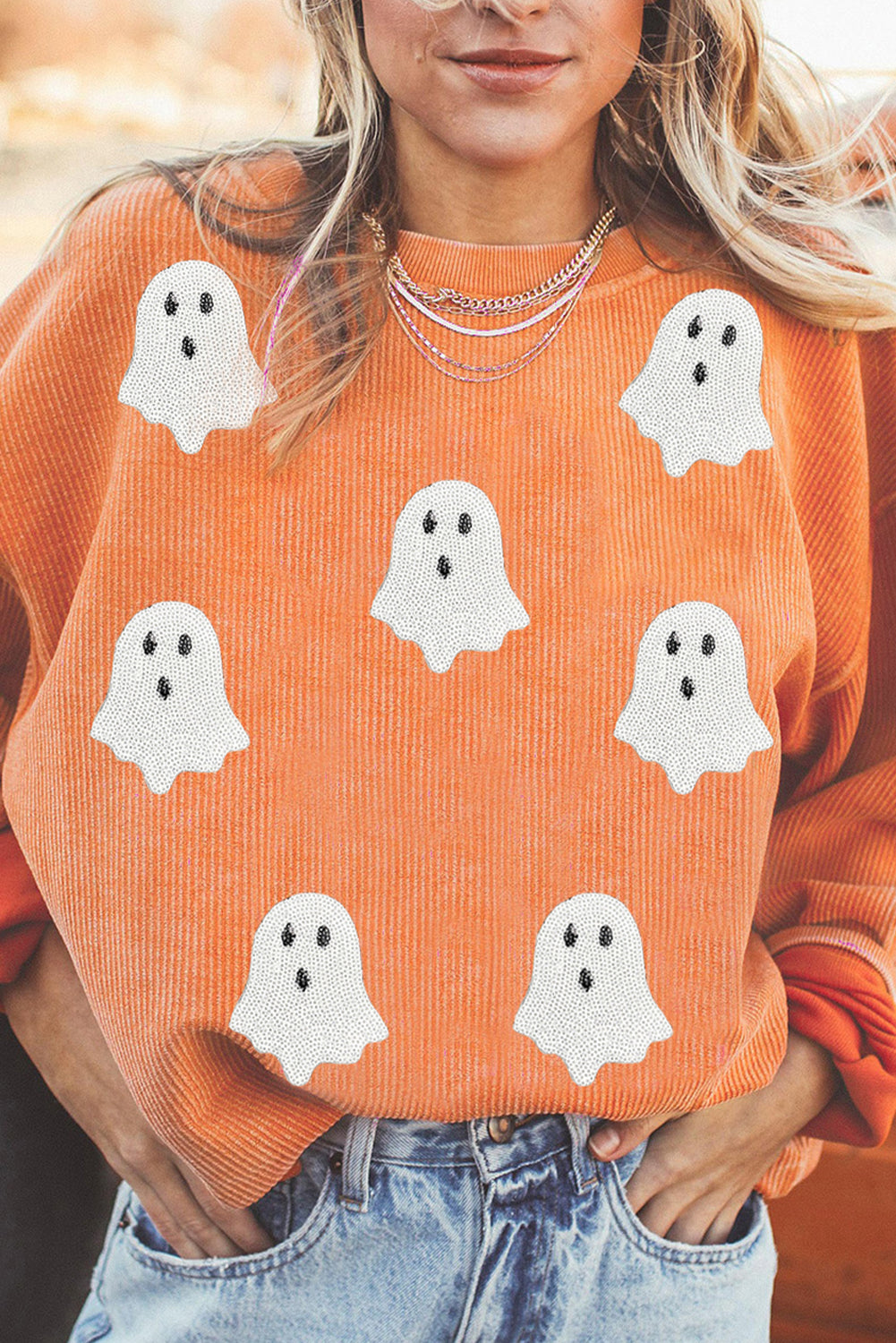 Orange Twisted Ribbed Texture Halloween Ghost Sequin Patched Sweatshirt 64cbe3f8179c1459