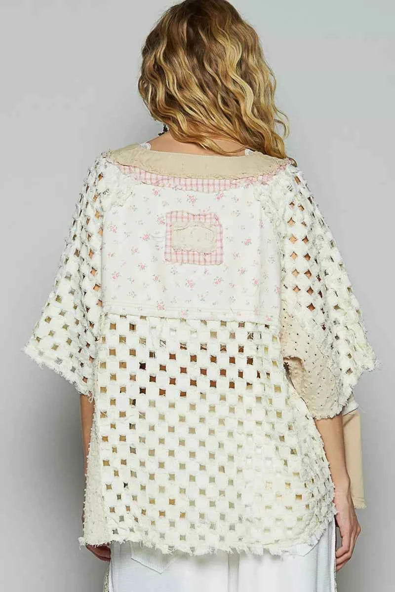 POL Button Down V-Neck Jacket with Printed Woven Patchwork 64cc8353-0611-43bf-9937-8413b1374655-Max-Origin
