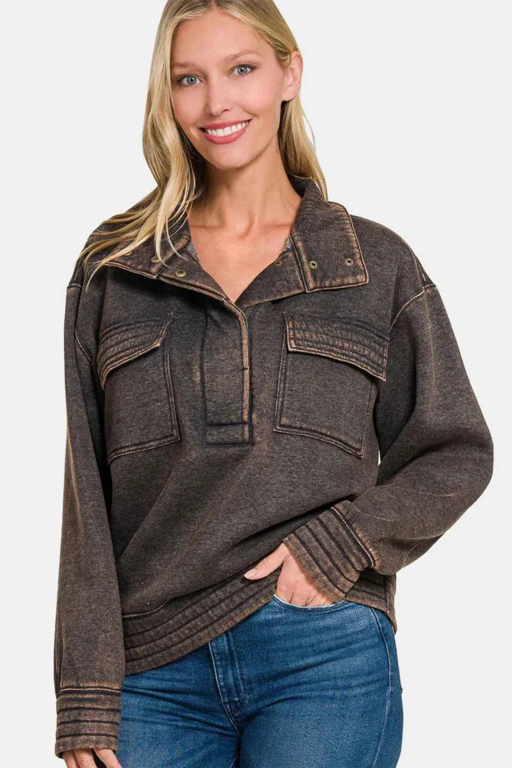 Zenana Acid Washed Half Snap Fleece Sweatshirt Ash Black 64d3598f-51c2-4e79-b3b8-9b71edde9ff9-Max