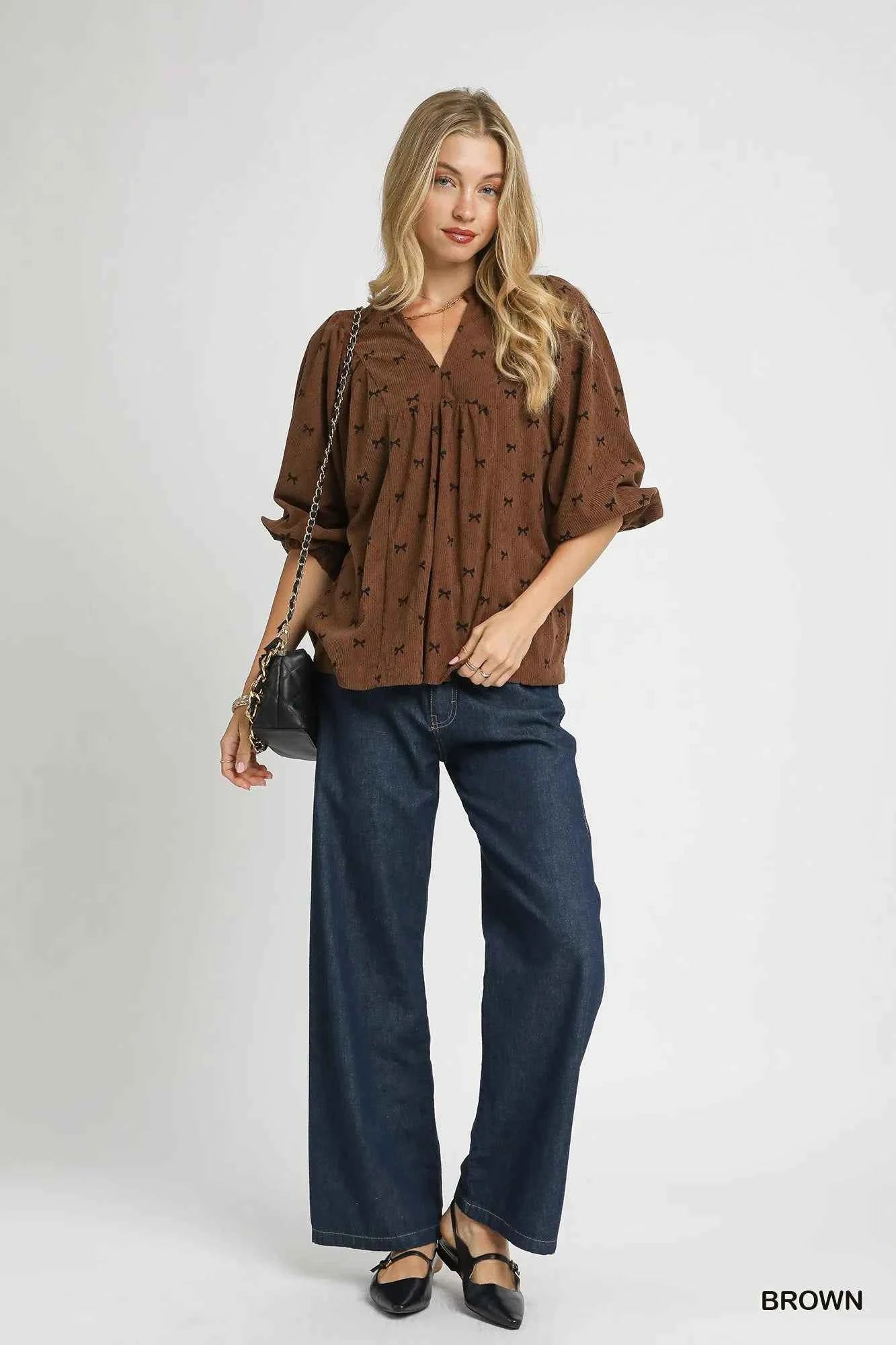 Umgee Corduroy Bow Print Balloon Sleeve Blouse 64dbdb98-5b69-4fdd-a90a-13e48933762b-Max-Origin