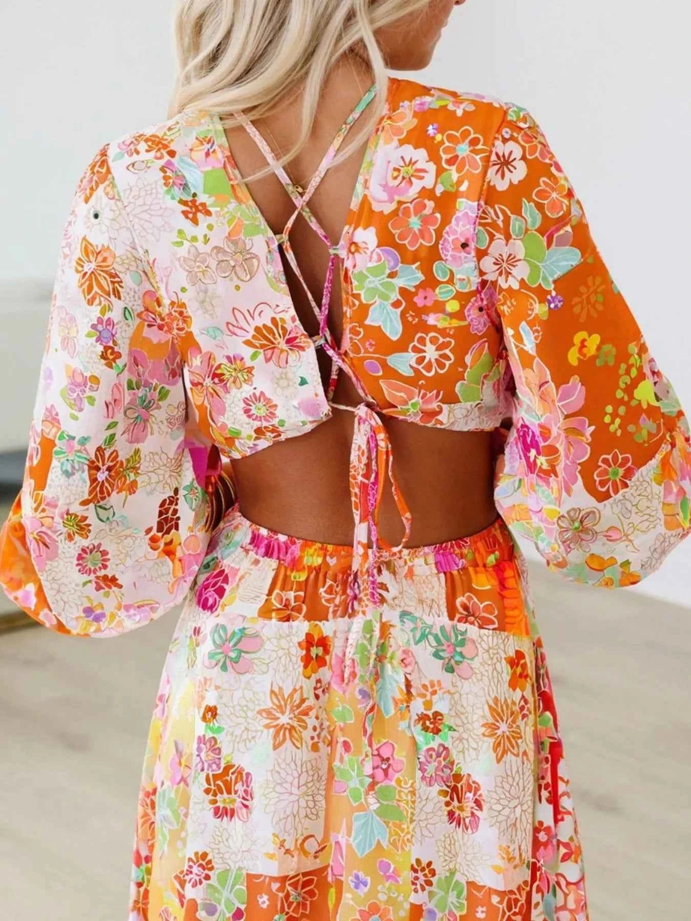 Vibrant Floral Long Sleeve Dress with Lace-Up Back 64de40e0-1ef2-47c5-8a21-4a2d225b6e57-Max-Origin