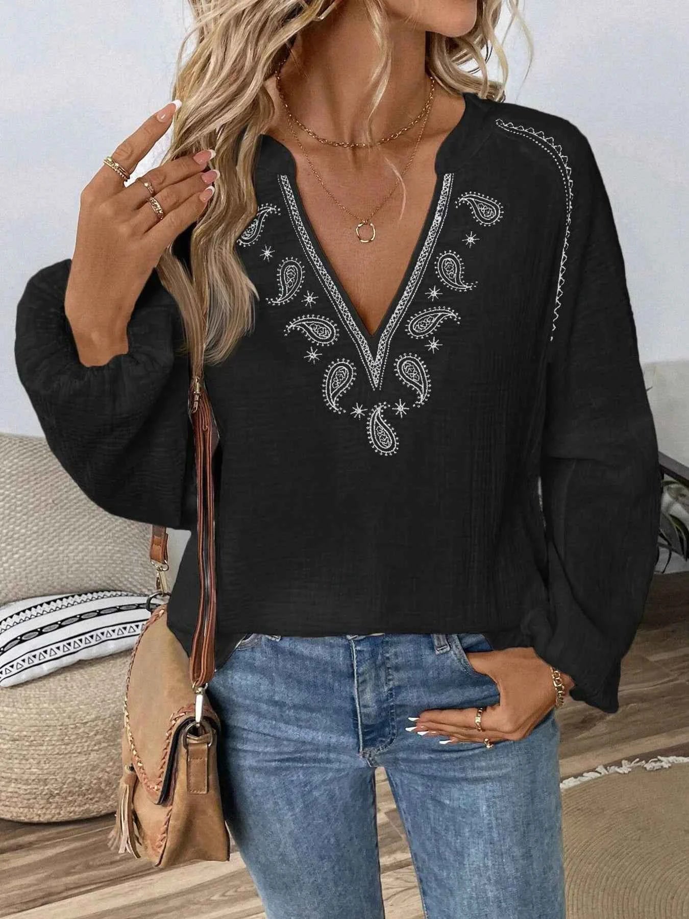 Paisley Pattern Notched Long Sleeve Blouse Black 64df85bfff5049c595de5eaa9d70ec03-Max-Origin