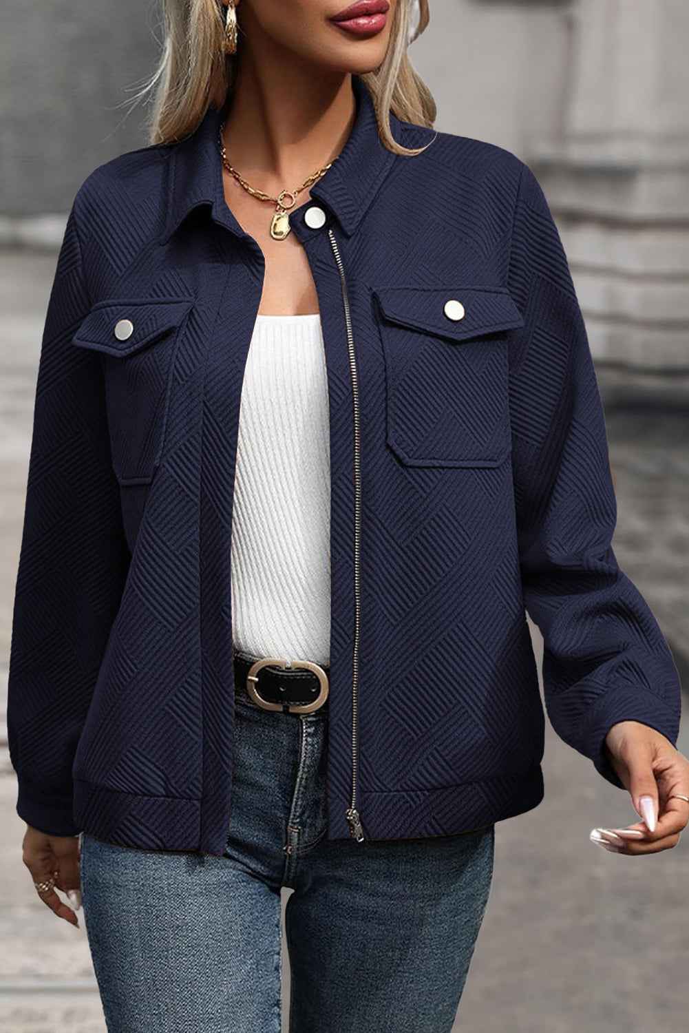 Blackish Green Solid Color Zip Up Button Flap Pocket Shirt Collar Jackets Navy Blue 97%Polyester+3%Elastane 64e227505efb4e01