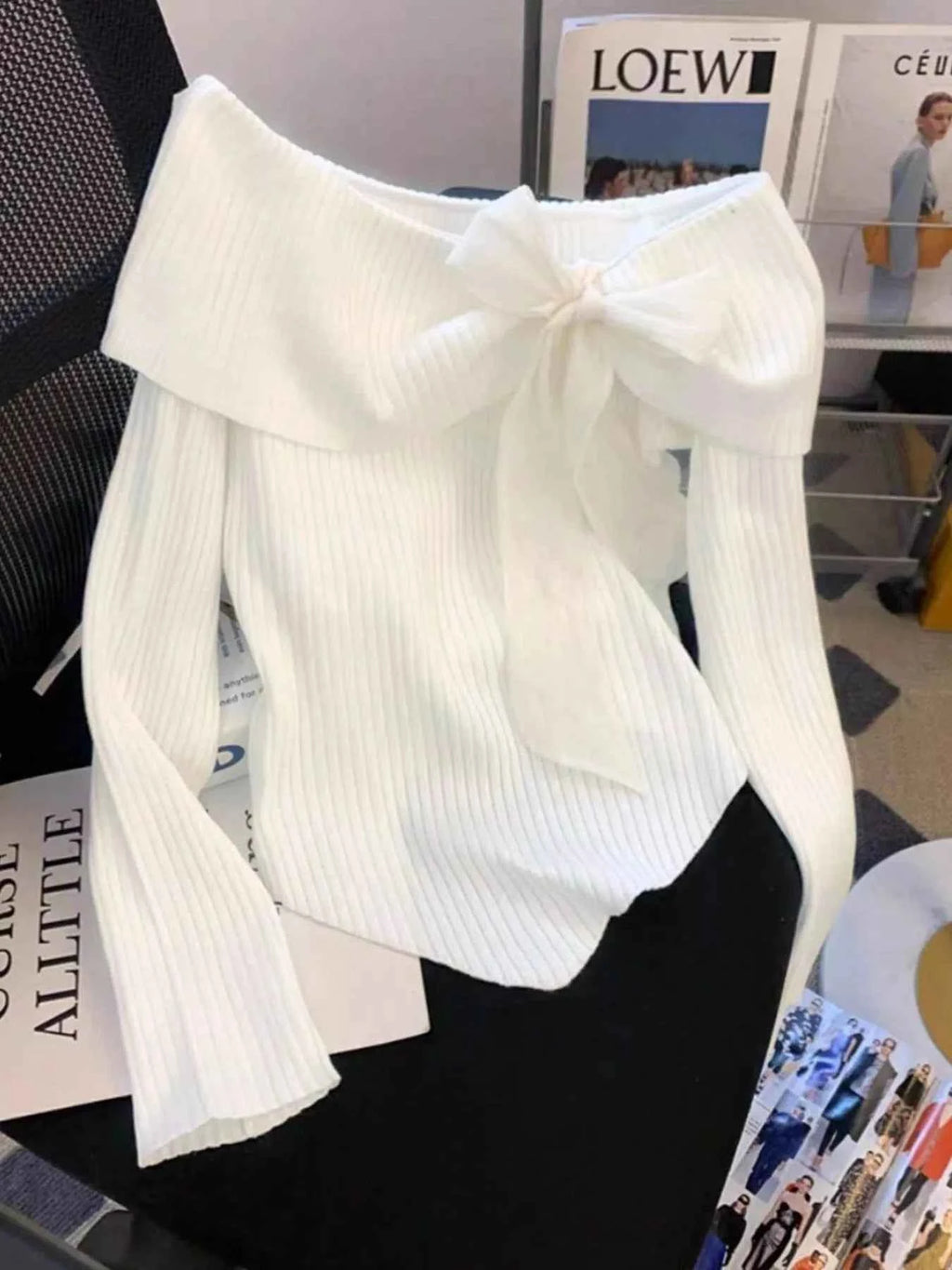 Off-Shoulder Bowknot Ribbed Knit T-Shirt 64e2722acad24cd993ecf69abdf35ae7-Max-Origin