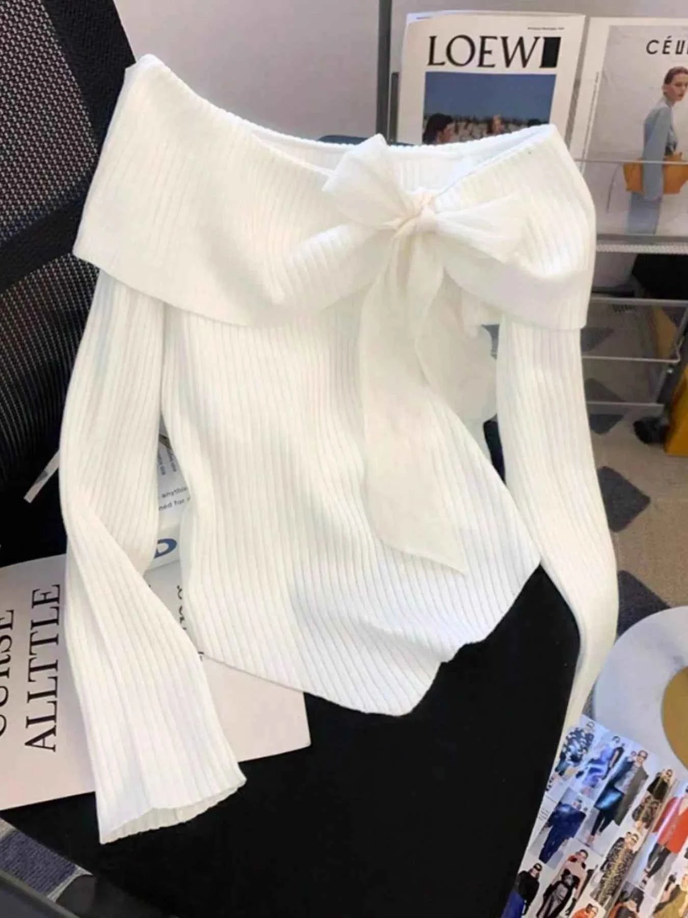 Off-Shoulder Bowknot Ribbed Knit T-Shirt 64e2722acad24cd993ecf69abdf35ae7-Max-Origin