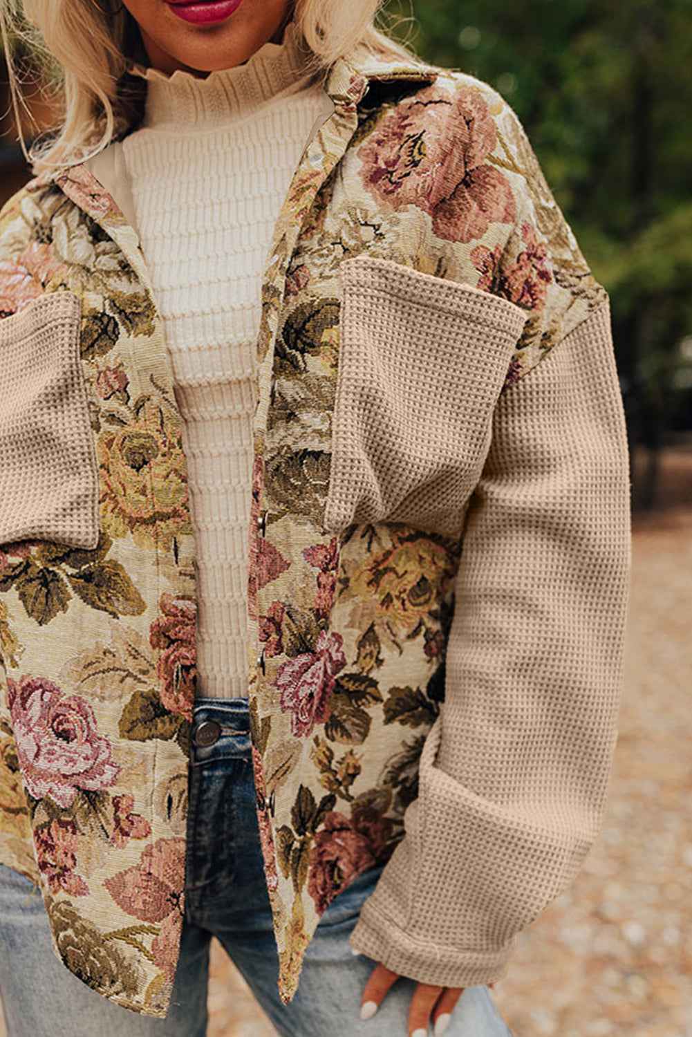 Khaki Floral Waffle Knit Patchwork Chest Pockets Buttoned Jacket 64e28cbb1aeaf17e