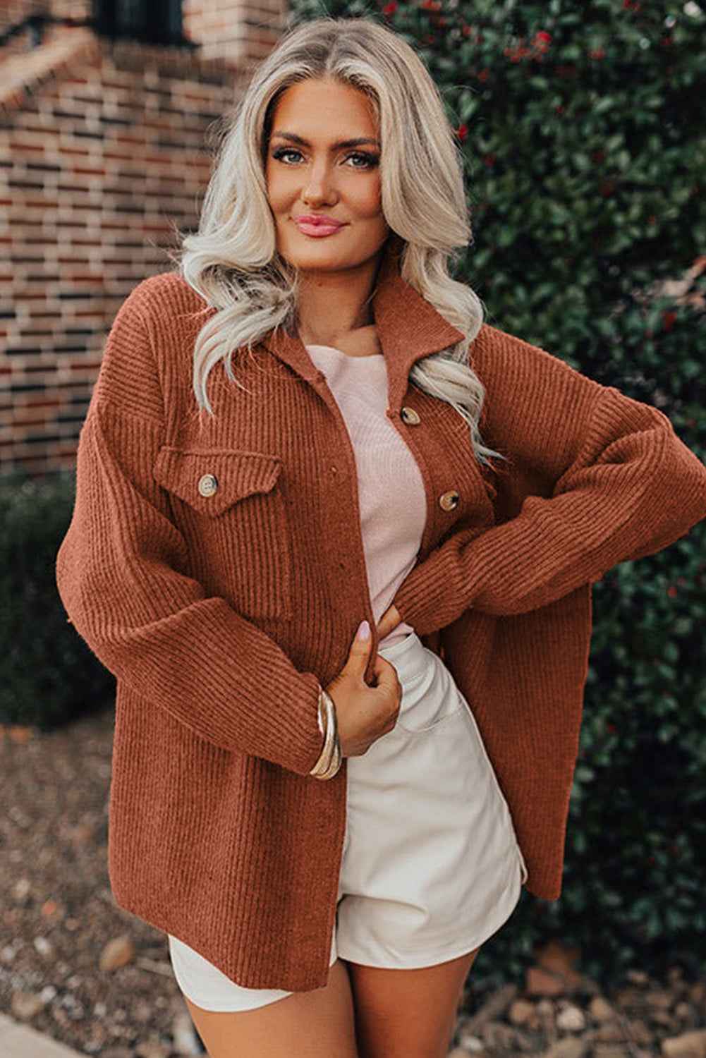 Medium Grey Ribbed Knit Buttons Front Flap Pocket Casual Shacket 64e493cd5fc546aa