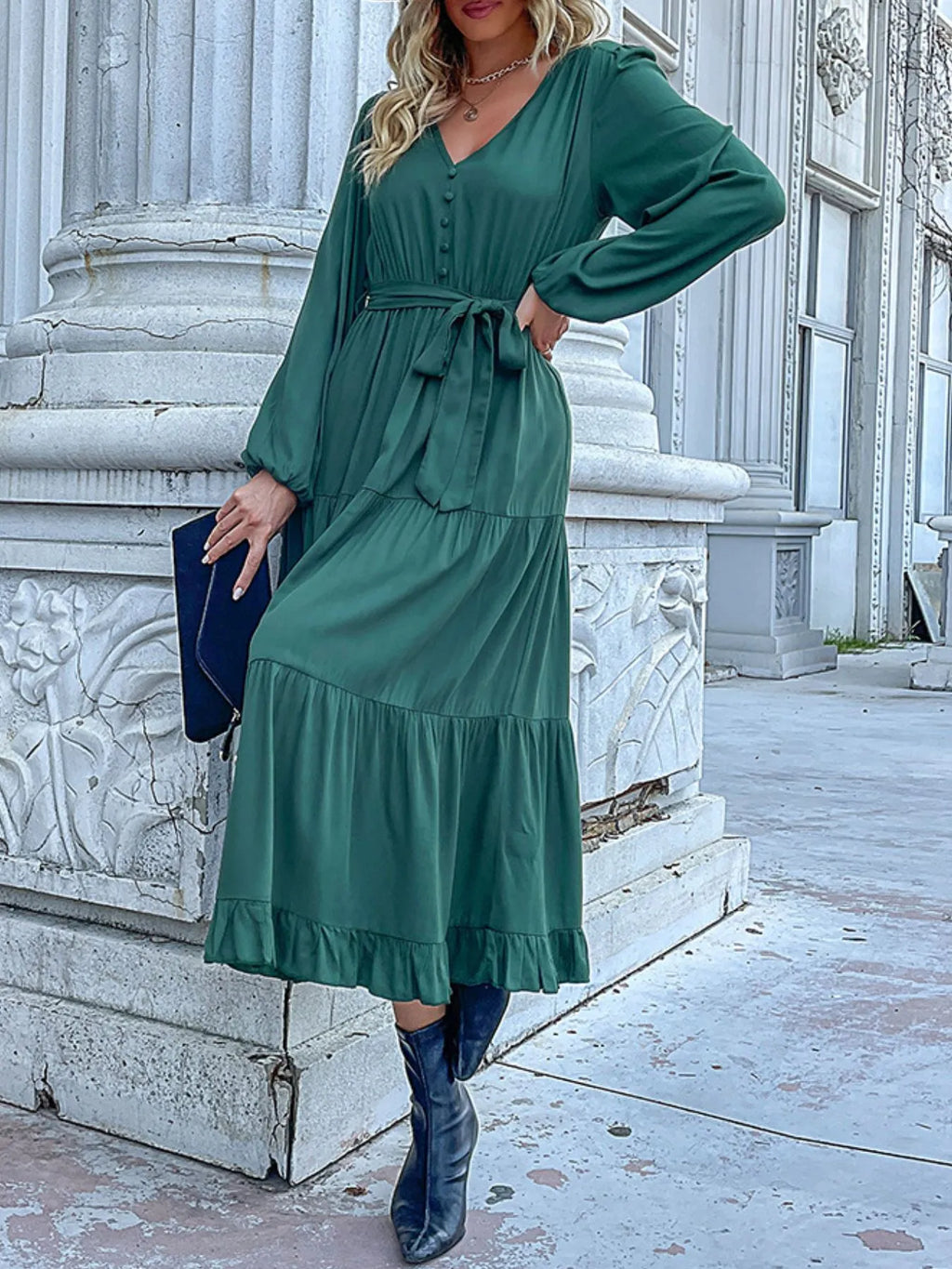Ruffled Hem V-Neck Balloon Sleeve Dress 64e4af2d-5bca-4df2-91f6-95dabec97b18-Max-Origin