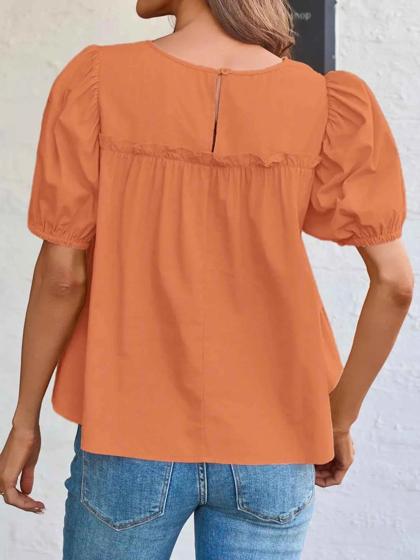 Tiered Round Neck Puff Sleeve Ruched Blouse 64e53c06-d43f-49c4-aec6-70b5e4ec5472-Max-Origin