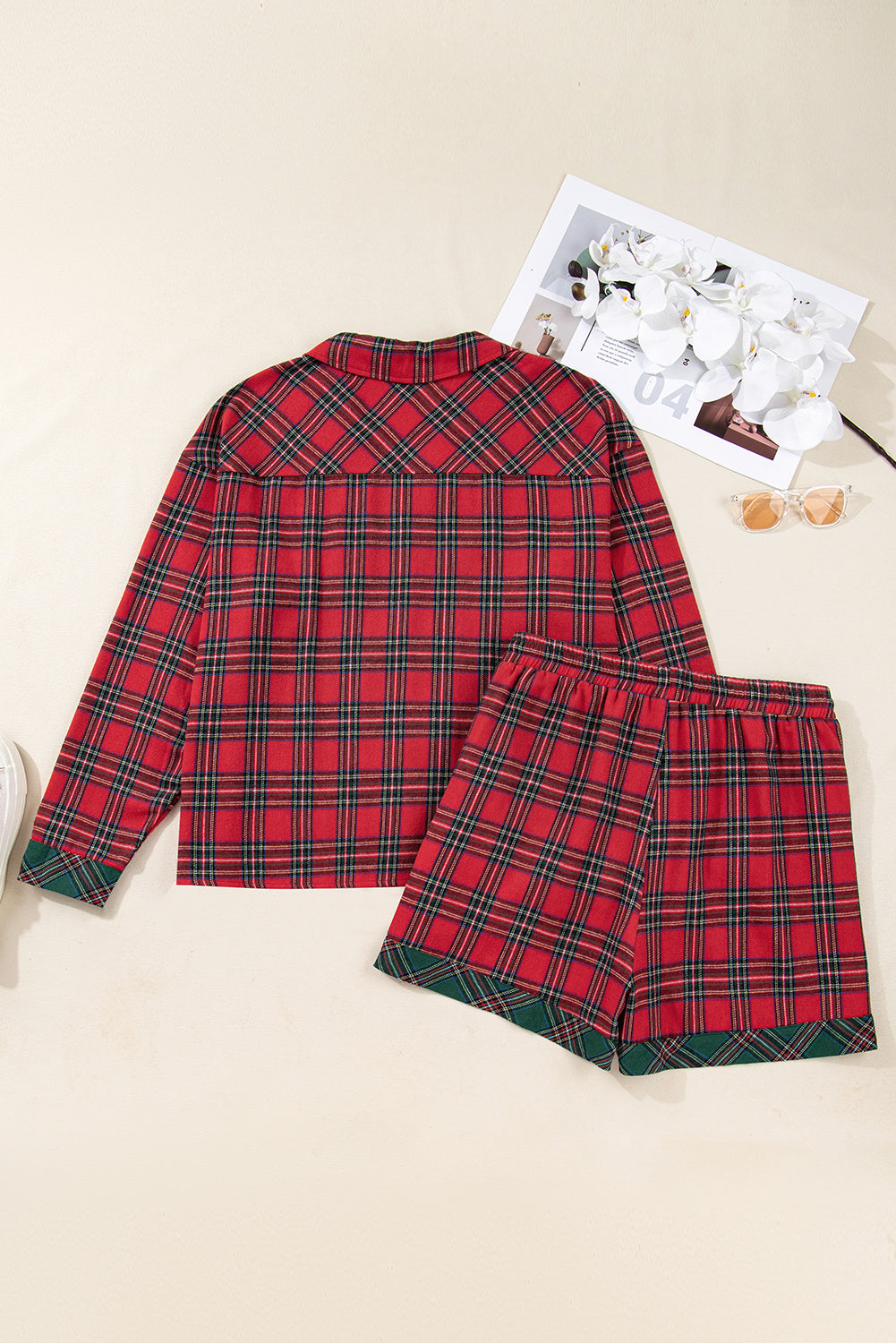 Red Plus Size Plaid Patchwork Long Sleeve Shirt and Shorts Pajama Set 64e8ba059c788e06