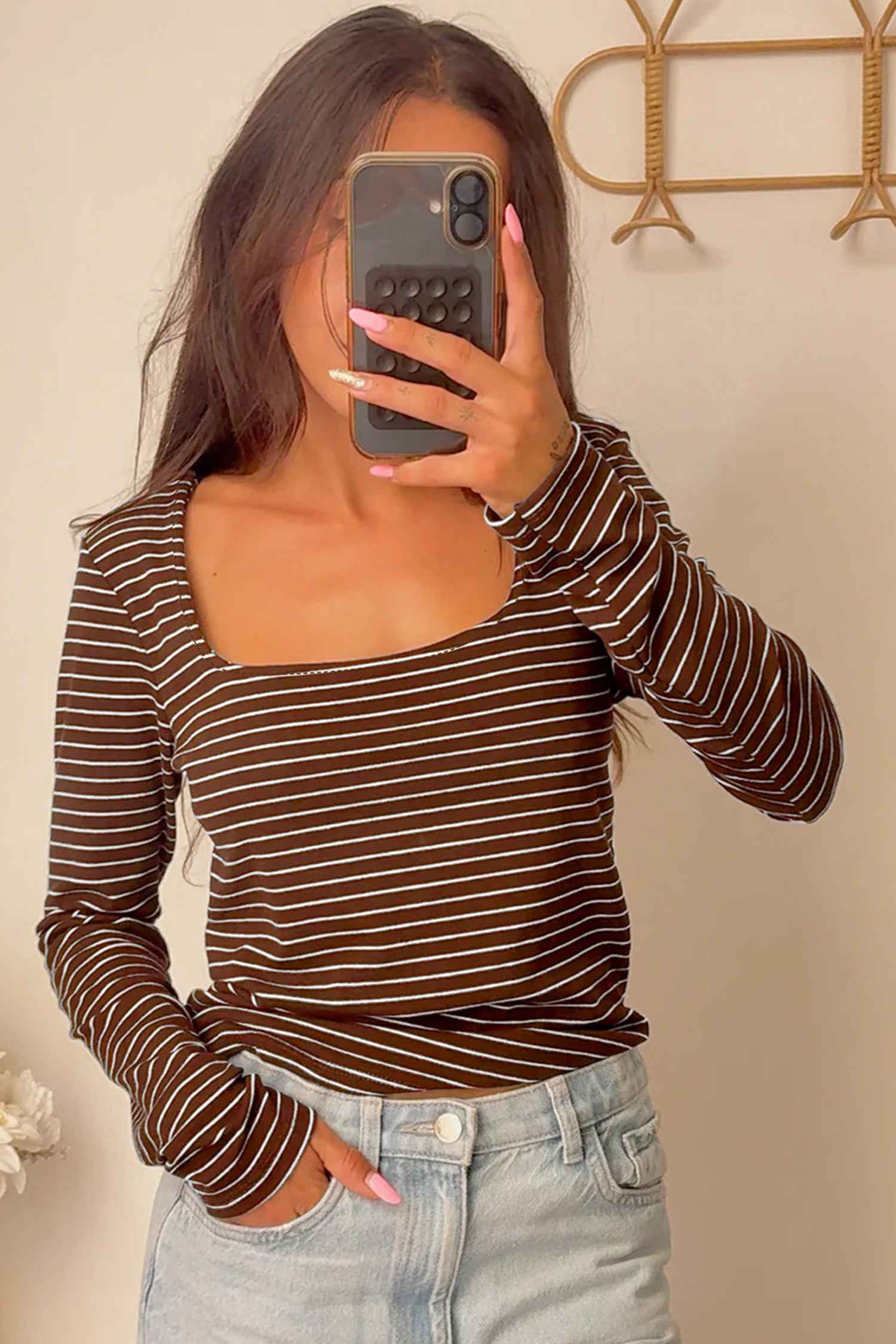 Brown Stripe Square Neck Long Sleeve Top 64ea42de087c822a