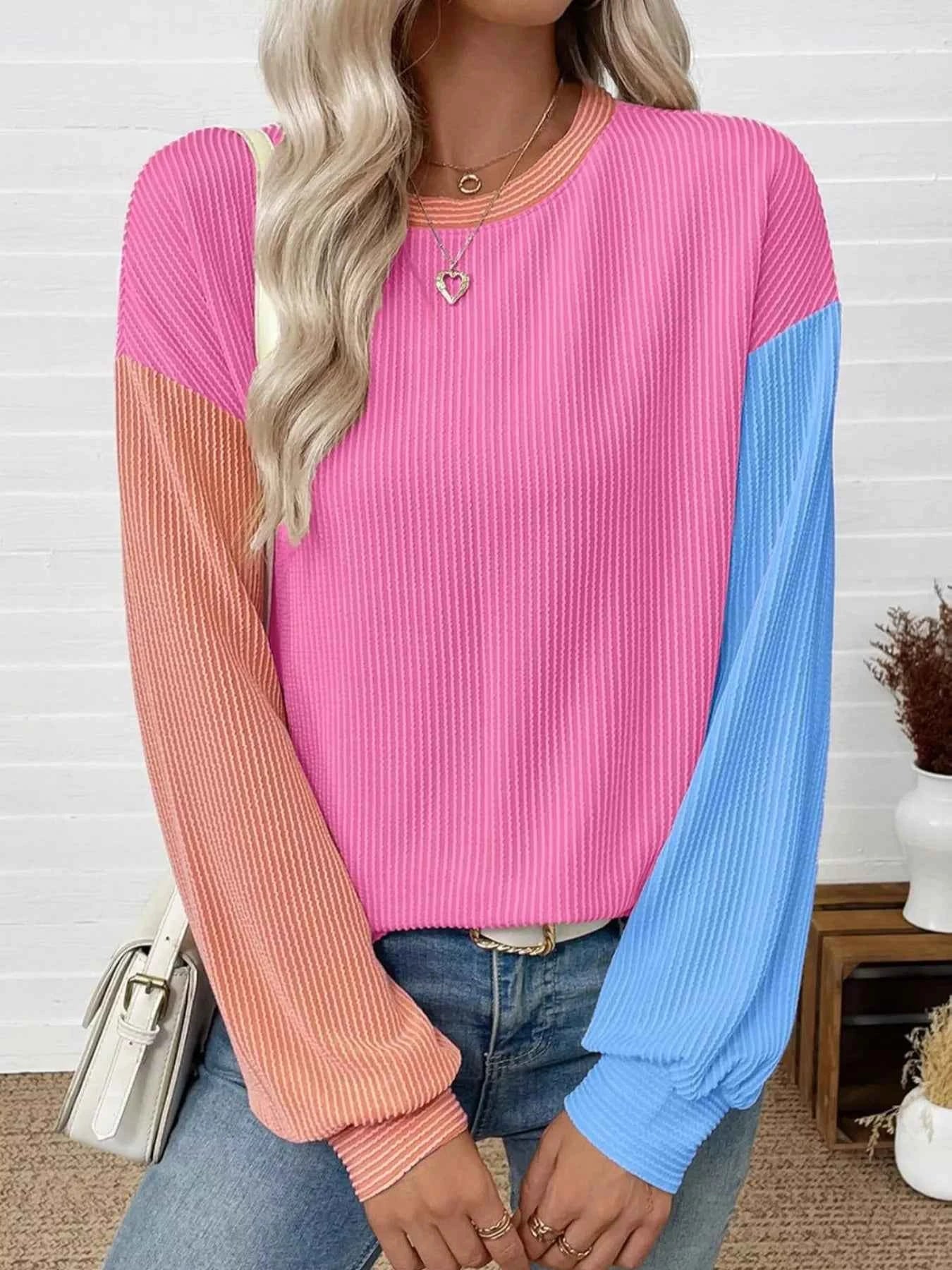Color Block Ribbed Long Sleeve T-Shirt Hot pink Blue 64ec2ed0-0c1b-4754-93dc-e9e9bf75c477-Max-Origin