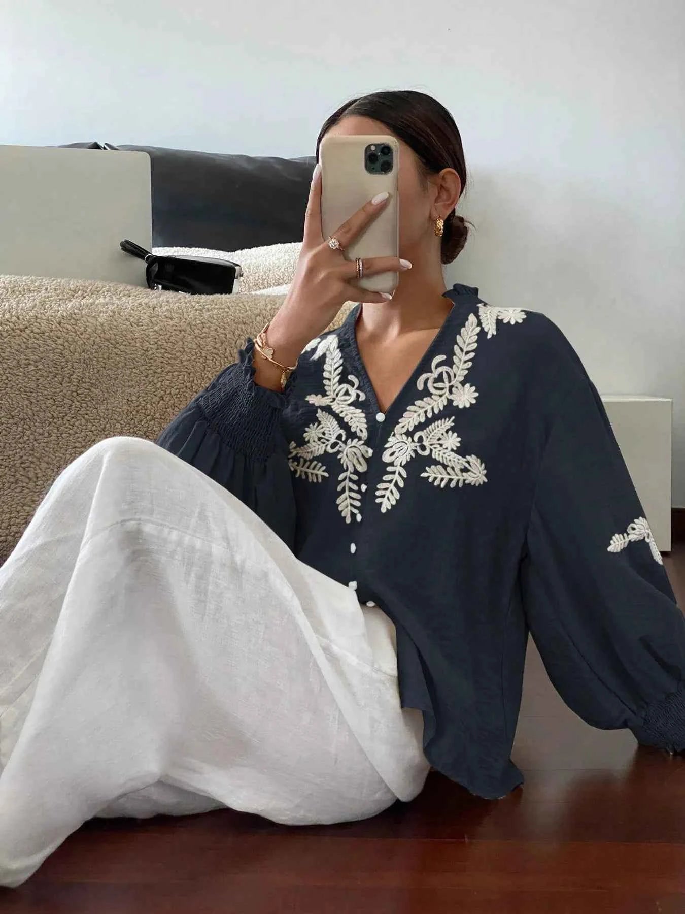 Embroidered Lantern Sleeve Blouse 64ecb0ff29b24c9b98fe895f45b0b1fa-Max-Origin