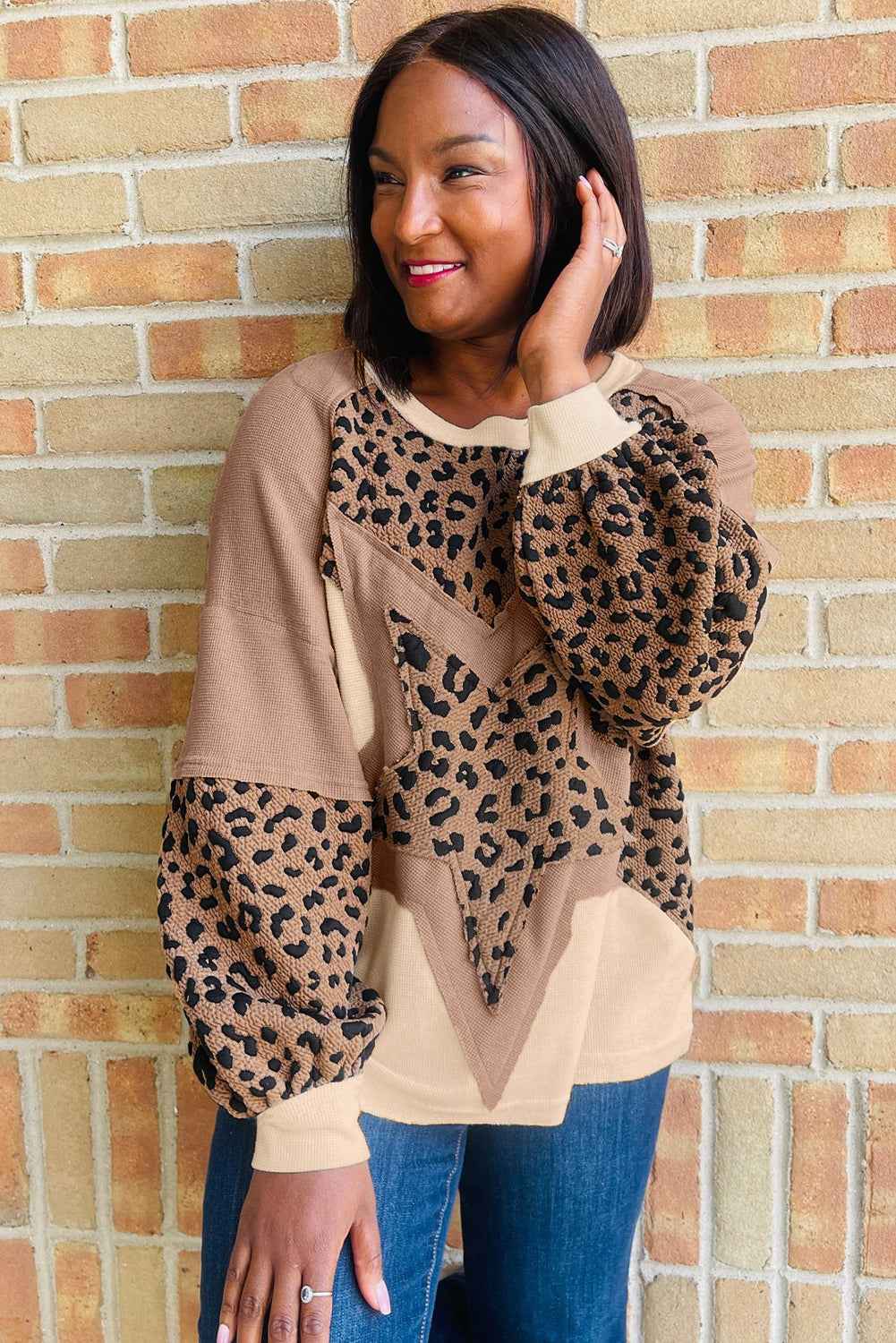 Light French Beige Star Leopard Patchwork Sweatshirt 64ed907802eb776a