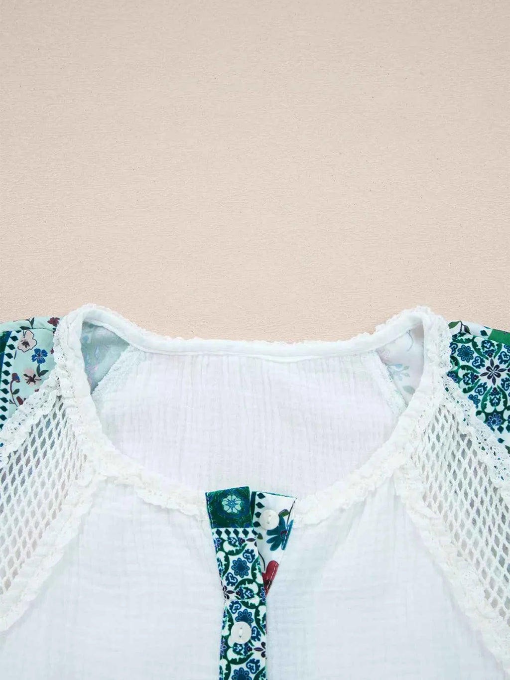 Mesh Patched Color Block Half Button Blouse 64ef377beb3543f8936fb74774b76de1-Max-Origin