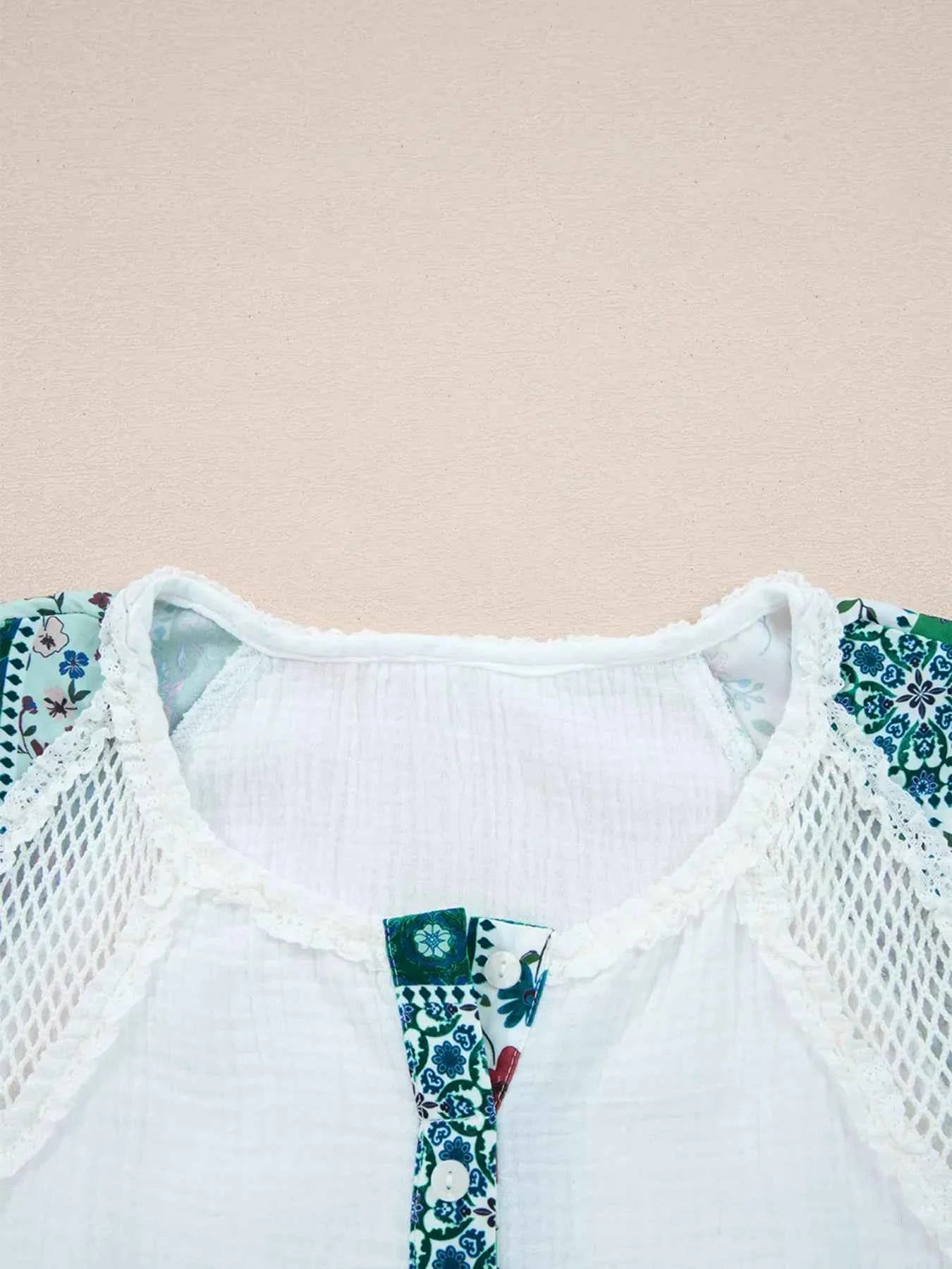 Mesh Patched Color Block Half Button Blouse 64ef377beb3543f8936fb74774b76de1-Max-Origin