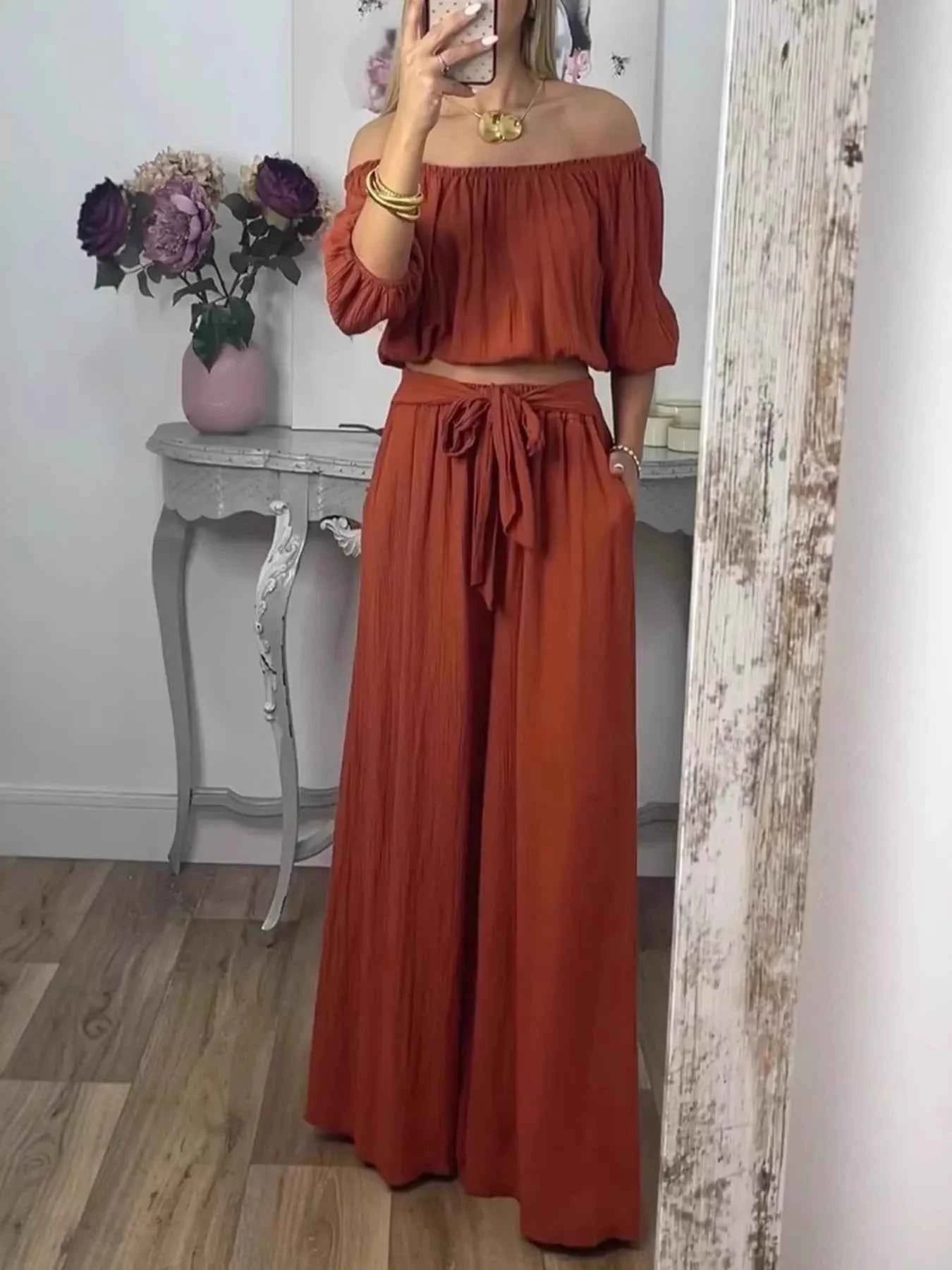Full Size Off-Shoulder Top and Pants Set Plus Size Brown 64f128aa07e943509fc18177900b45c5-Max-Origin