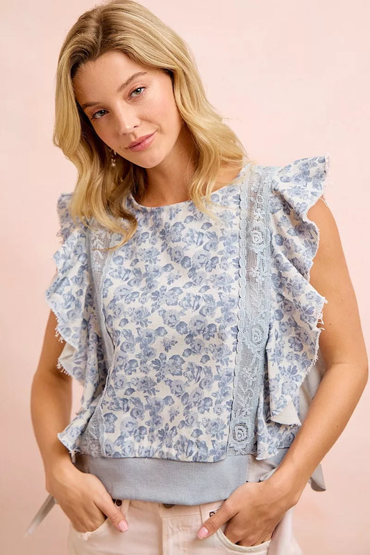 Floral Printed Twill Lace Trim Detail Side Bow Tied Top 64f34695-279e-4ae6-8835-77cd7f58b05a-Max-Origin