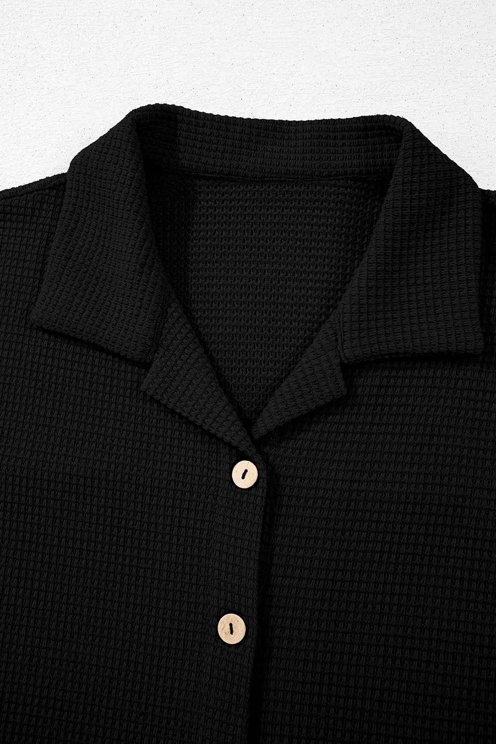 Black Solid Color Textured Buttoned Shirt and Casual Pants Set 64f936ec4cf3159a