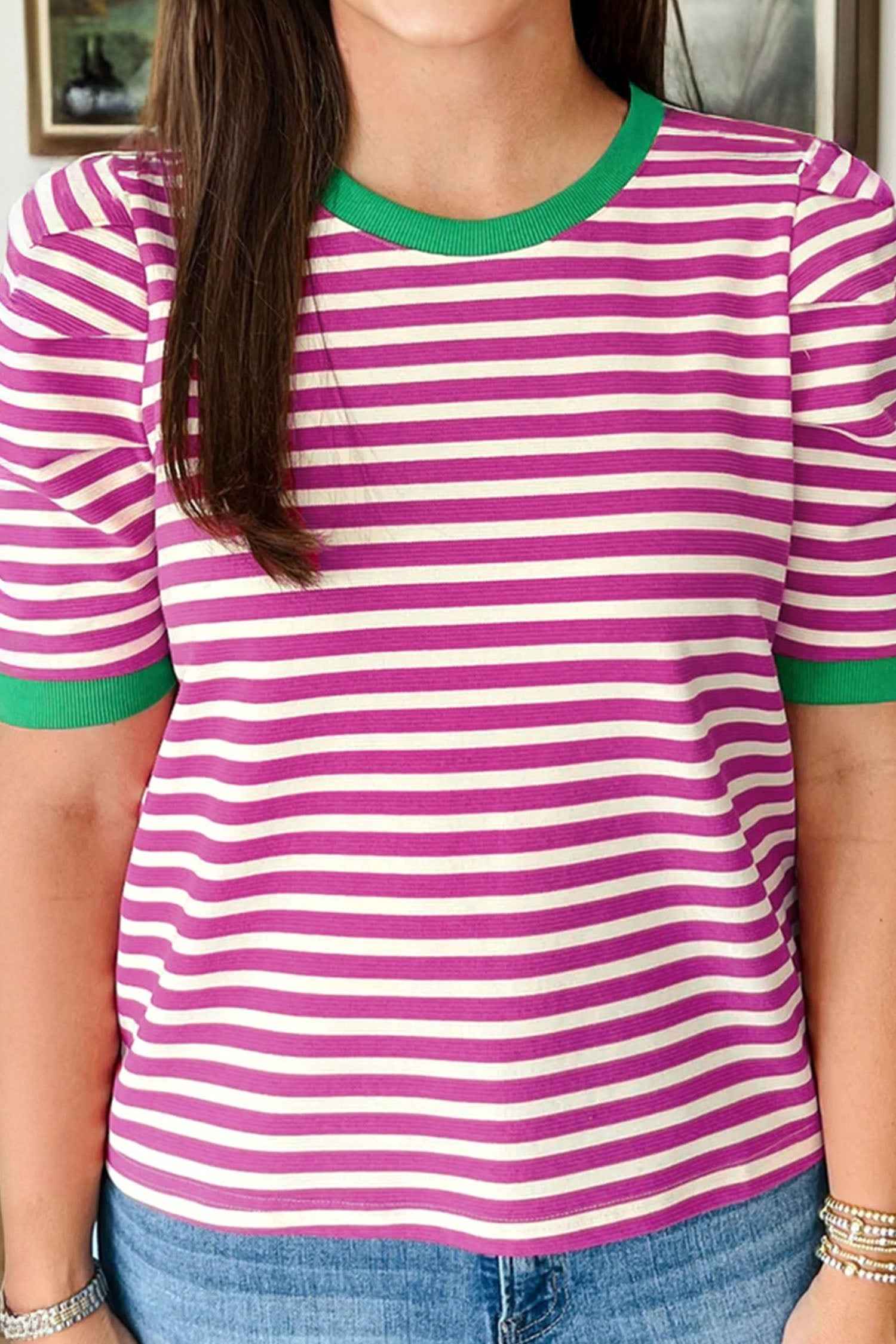 Brown Stripe Short Puff Sleeve Contrast Trim Round Neck Tee Rose Stripe 62%Polyester+32%Cotton+6%Elastane 64f95ff35fff978d
