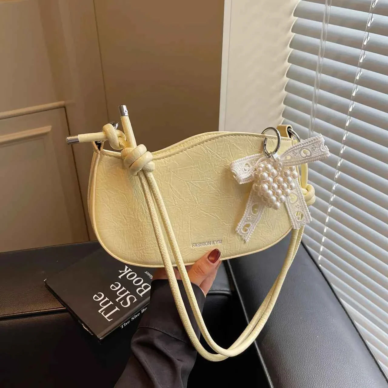 Leather Shoulder Bag with Pearl Detail Pastel Yellow onesize 64fa6c090e9444dbac80ca2d04747c7d-Max-Origin